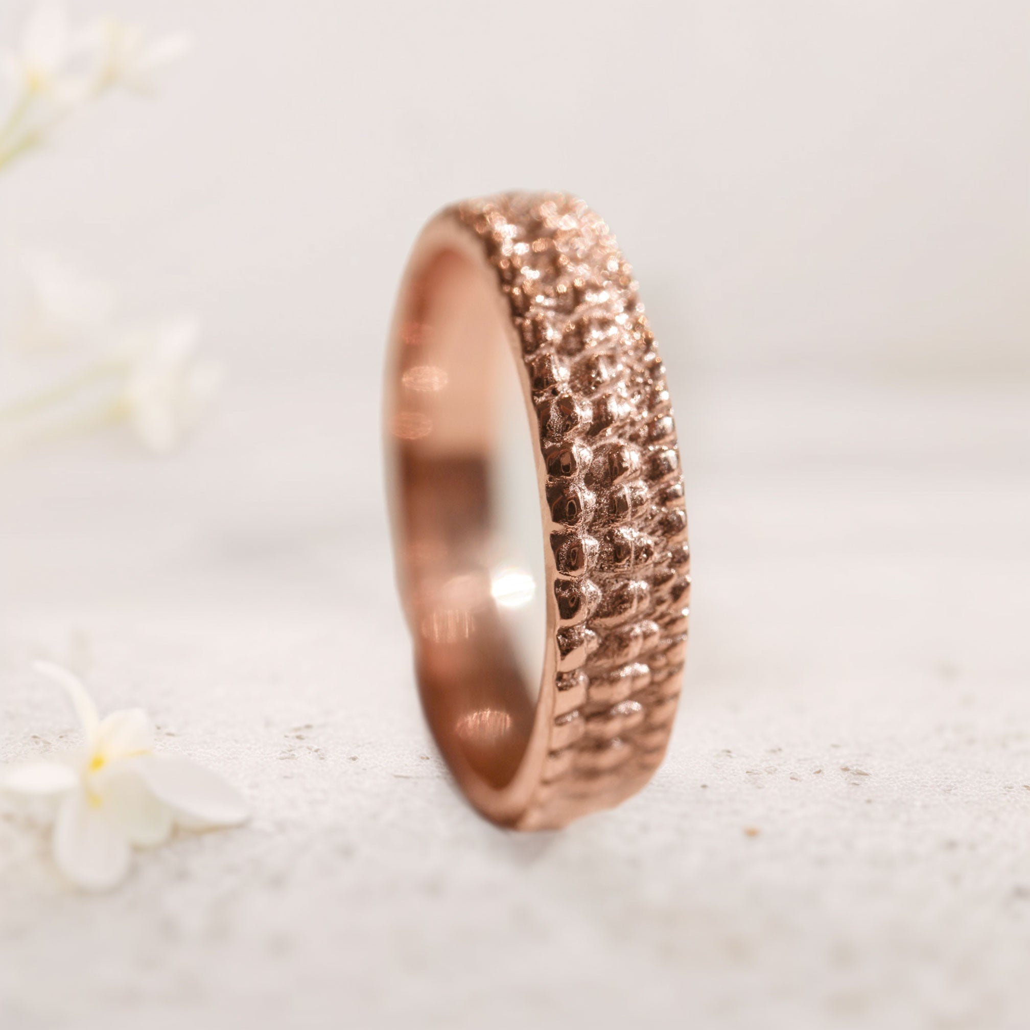 Unique floral engagement 18K Rose Gold rings Textured crocodile's skin ring For Men