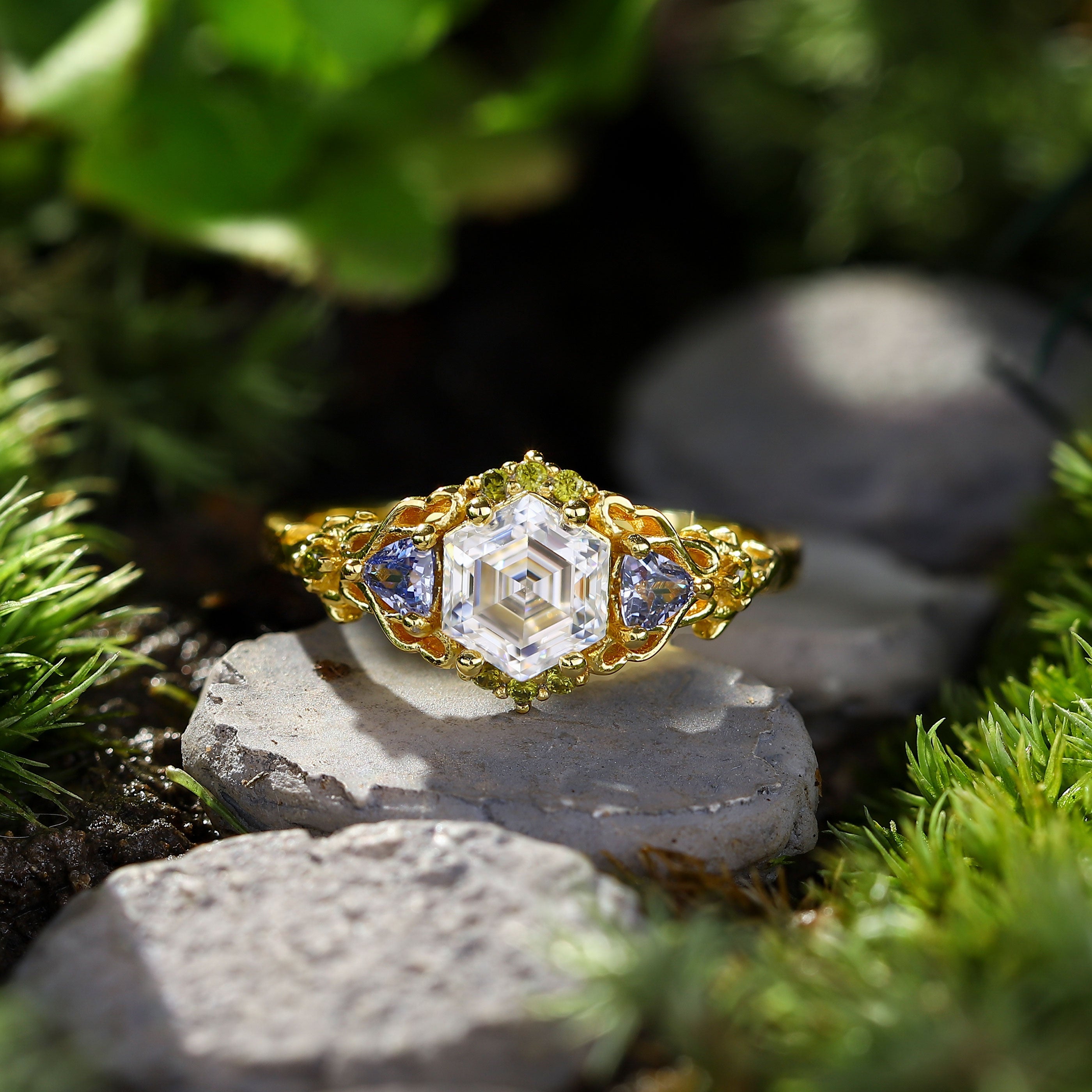 Unique Three Stone Hexagon Moissanite and Lab Sapphire Leaf 18K Yellow Gold Ring