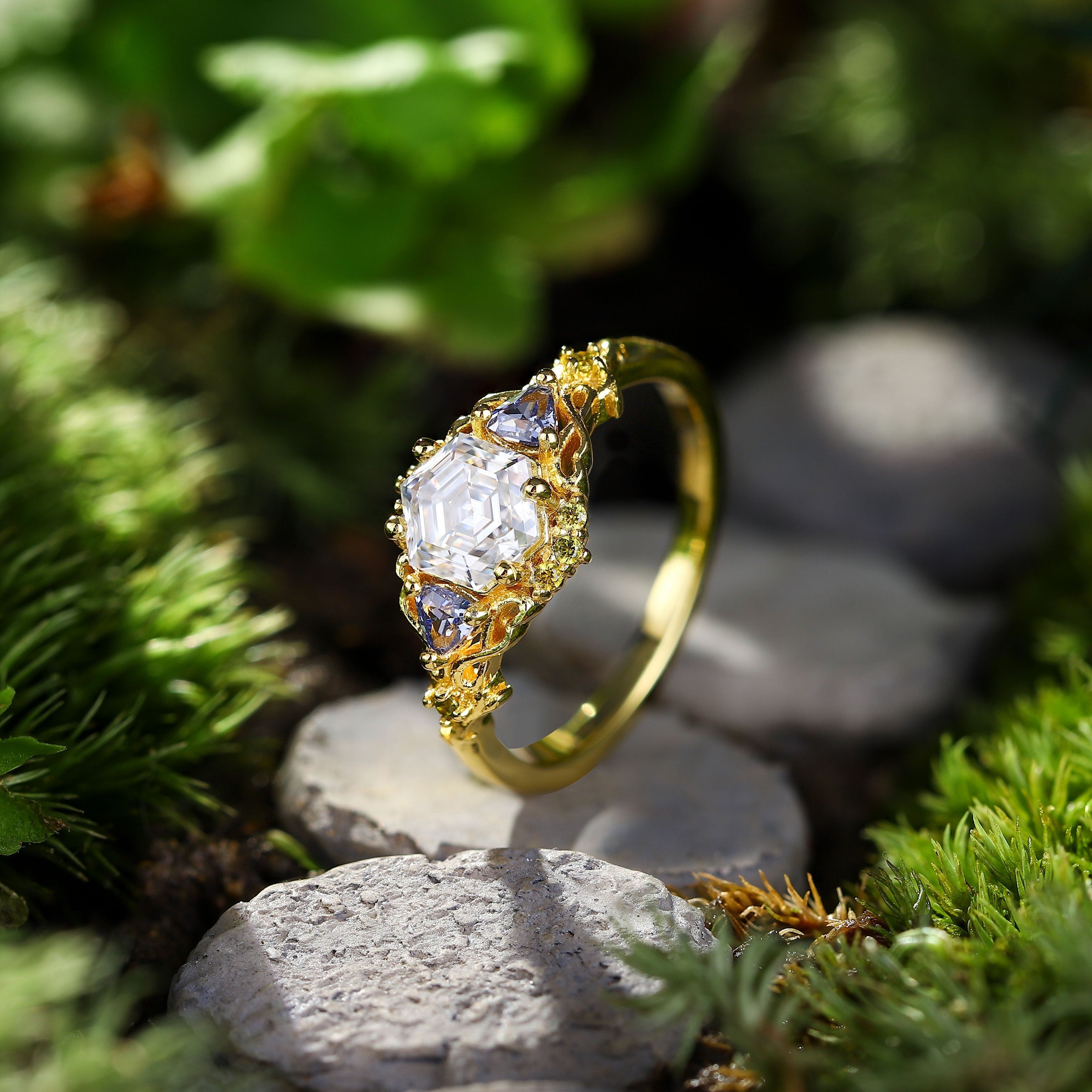 Unique Three Stone Hexagon Moissanite and Lab Sapphire Leaf 18K Yellow Gold Ring