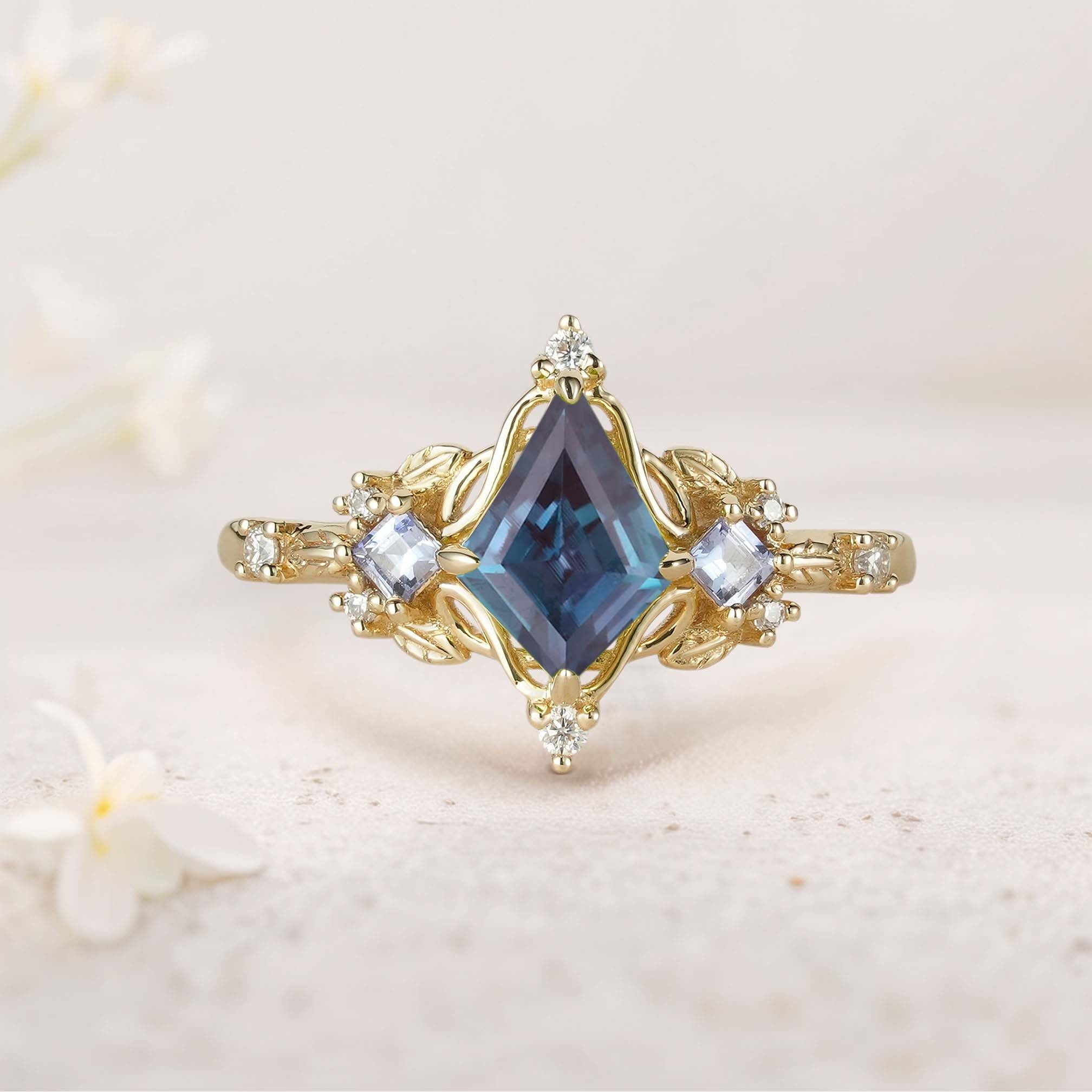 Unique Kite Three Stone Lab Alexandrite 18K Yellow Gold Leaf Ring