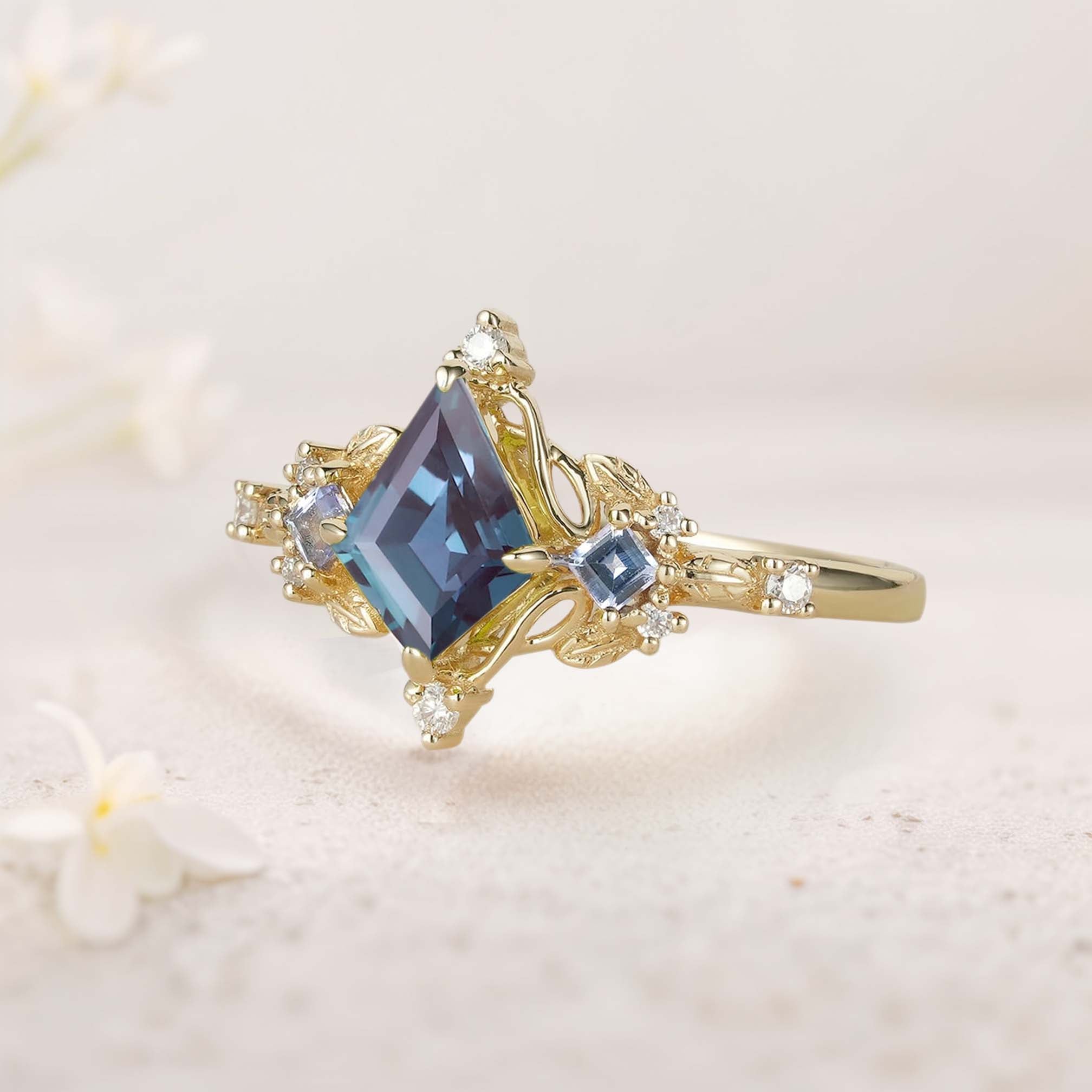Unique Kite Three Stone Lab Alexandrite 18K Yellow Gold Leaf Ring
