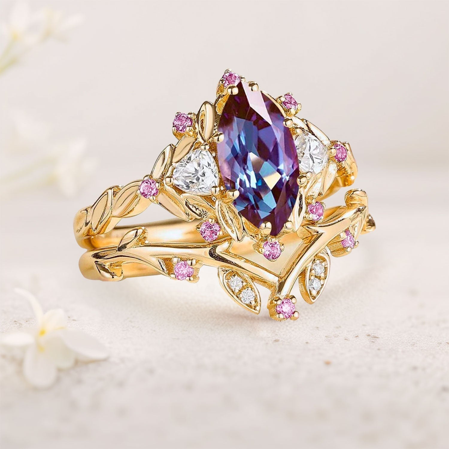 Unique Flower Engagement Ring Marquise Lab Alexandrite Vintage Pink Sapphire Leaf 18K Yellow Gold Wedding Ring Bridal Ring Set