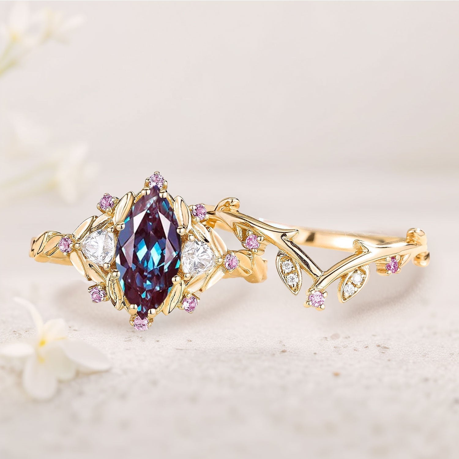 Unique Flower Engagement Ring Marquise Lab Alexandrite Vintage Pink Sapphire Leaf 18K Yellow Gold Wedding Ring Bridal Ring Set