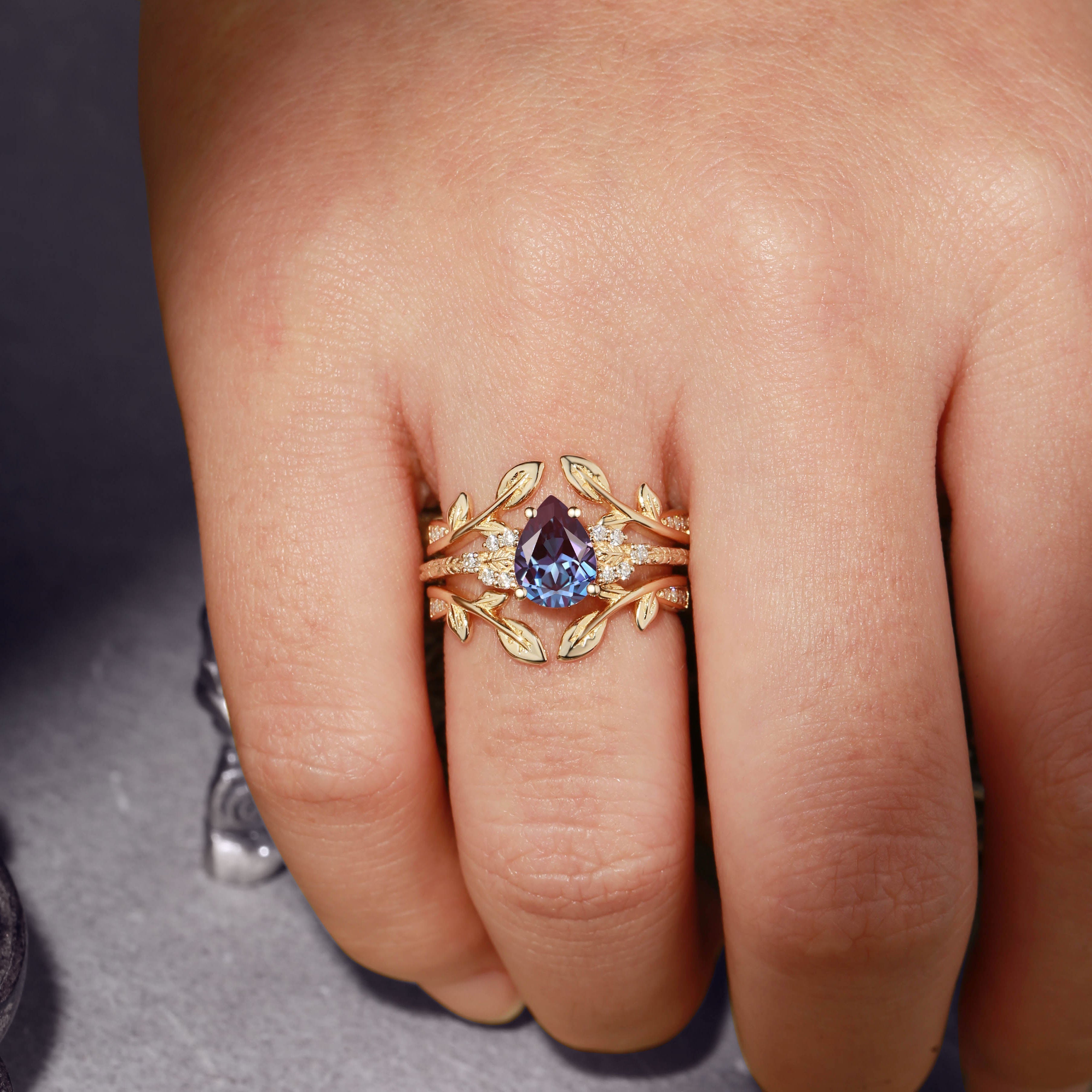 Unique floral engagement rings Pear Lab Alexandrite 18K Yellow Gold Double Curved Ring Set