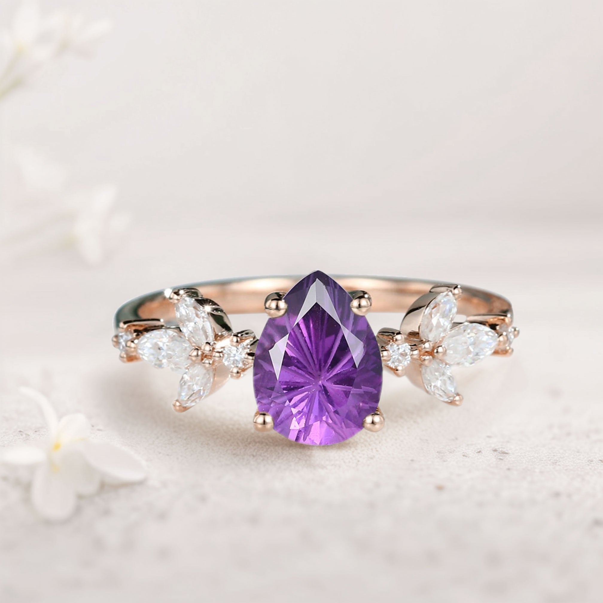 Unique Pear Amethyst Engagement Ring Moissanite 18K Rose Gold Side Stone Ring