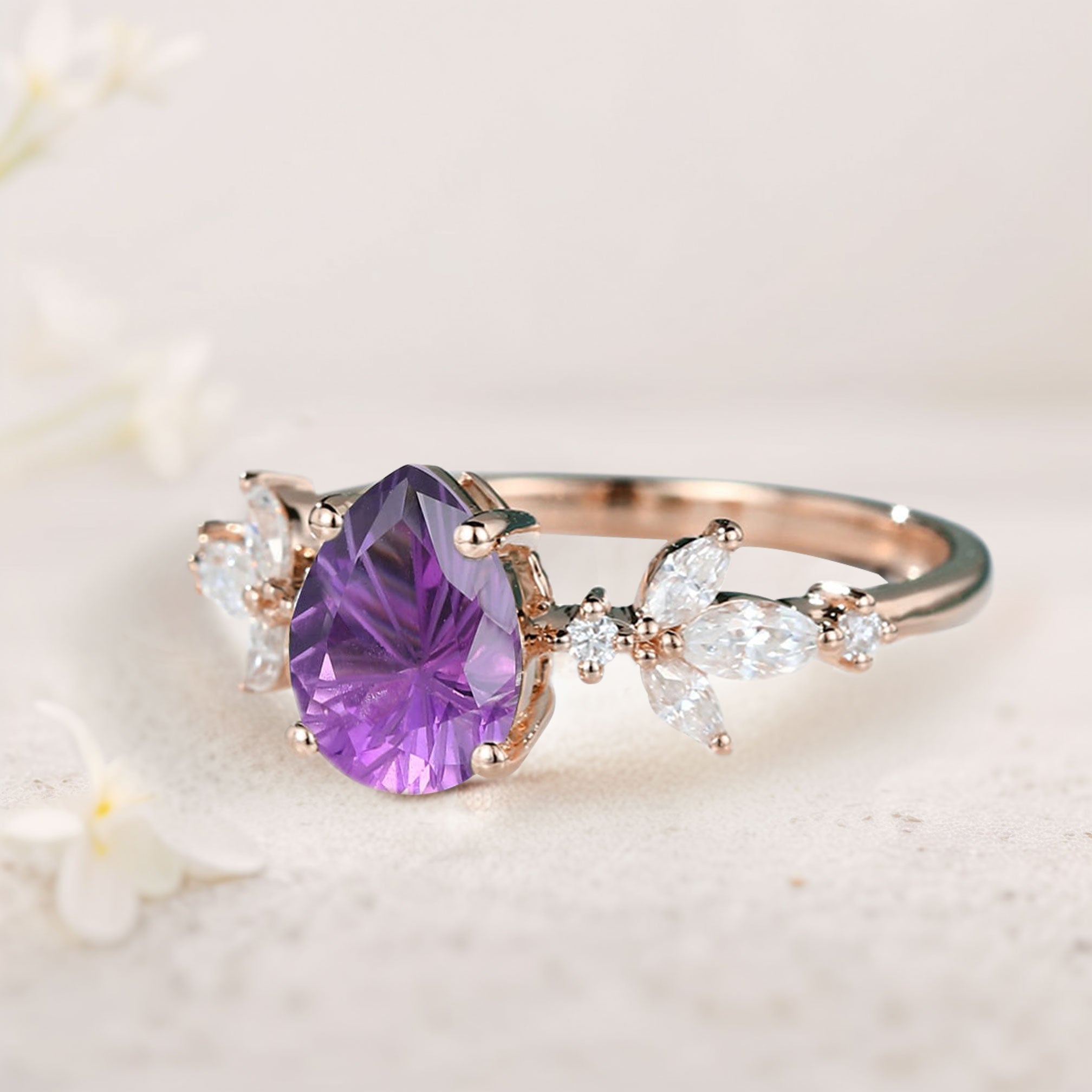 Unique Pear Amethyst Engagement Ring Moissanite 18K Rose Gold Side Stone Ring