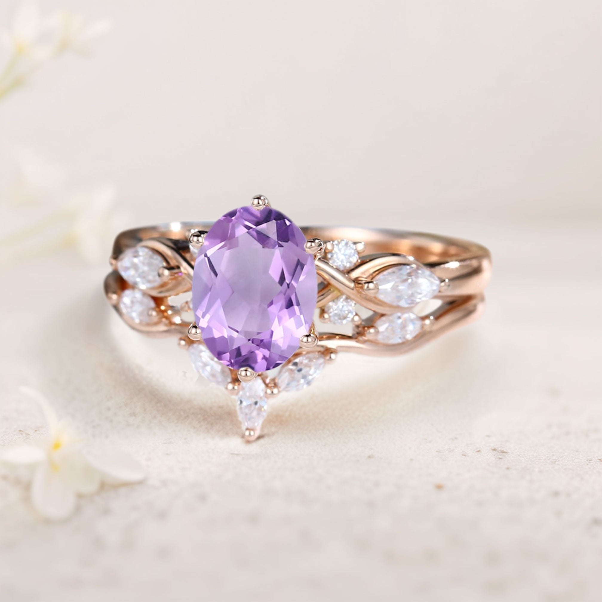Vintage Oval Amethyst and Moissanite Curved 18K Rose Gold Wedding Ring Set Bridal Ring Set