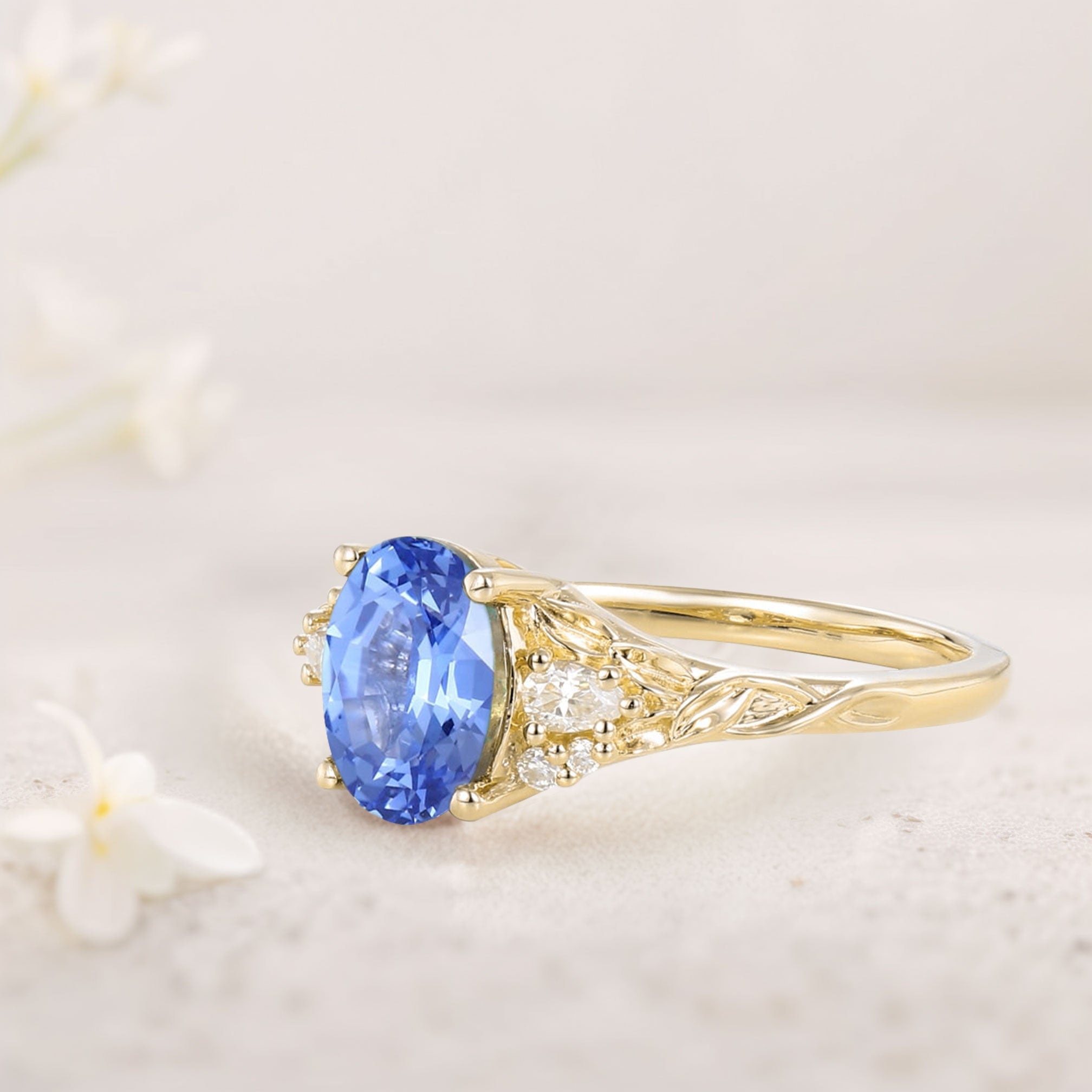 Unique Oval Lab Sapphire and Moissanite 18K Yellow Gold Wedding Ring