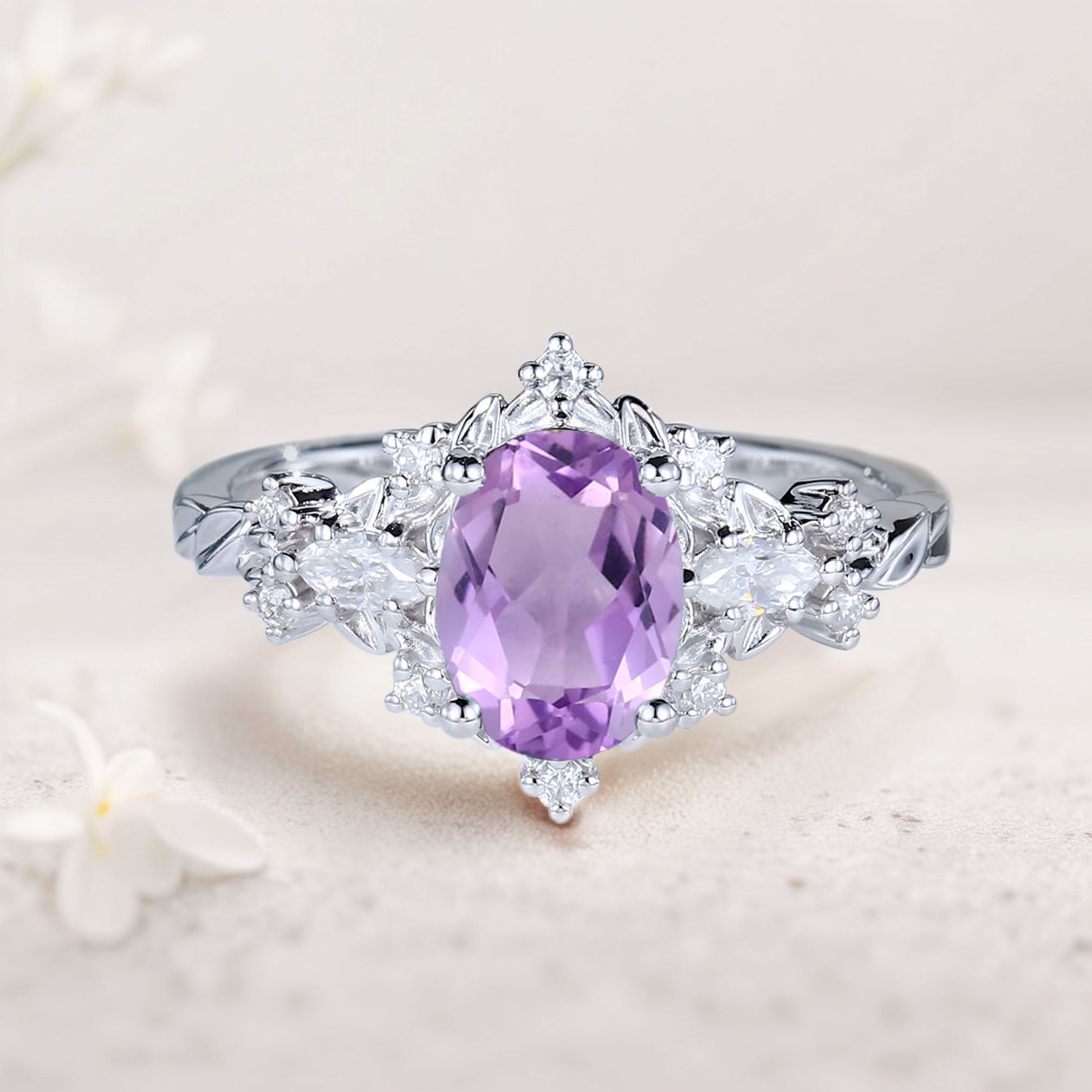 Vintage Briar Rose Oval Amethyst 18K White Gold Engagement Ring Vine Ring