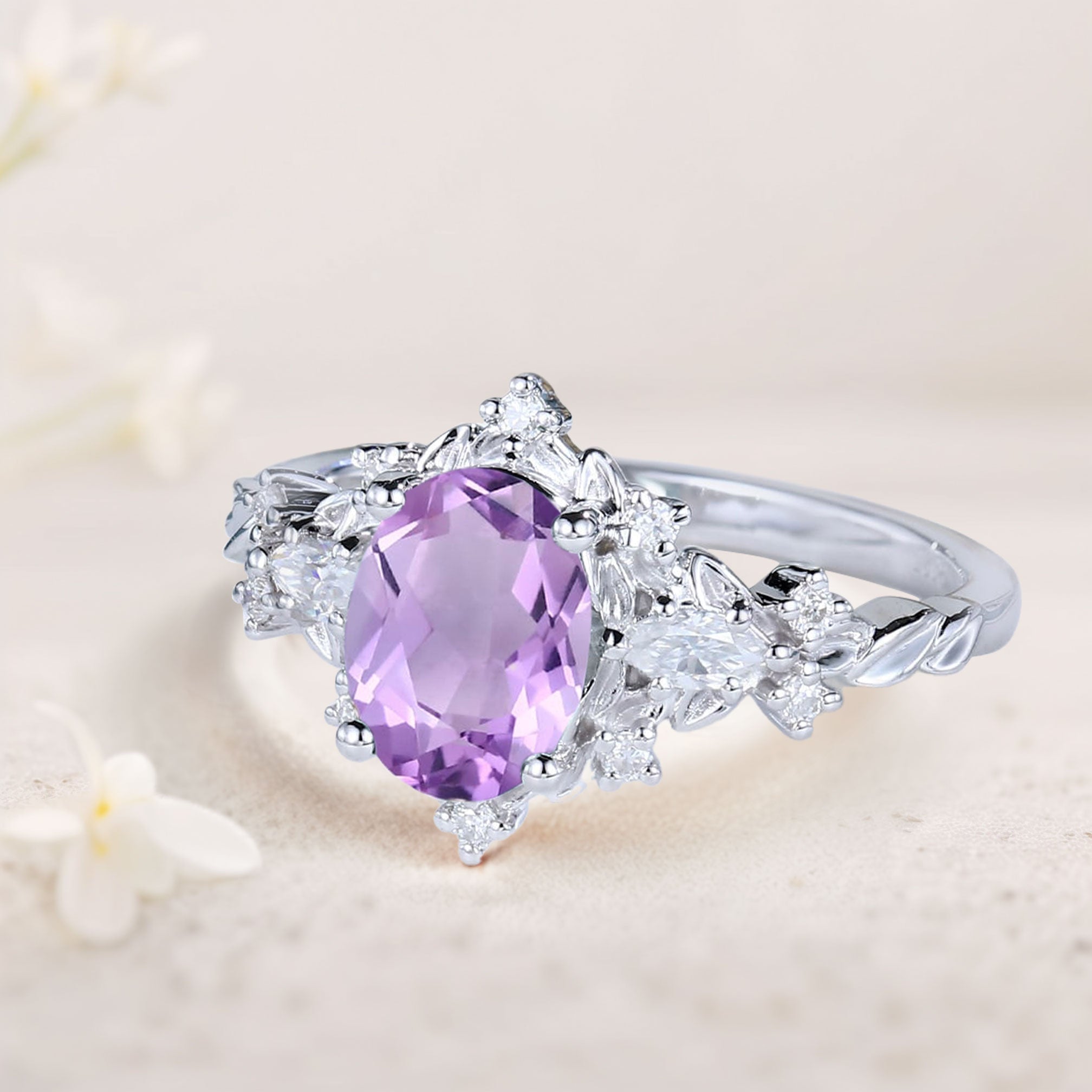 Vintage Briar Rose Oval Amethyst 18K White Gold Engagement Ring Vine Ring