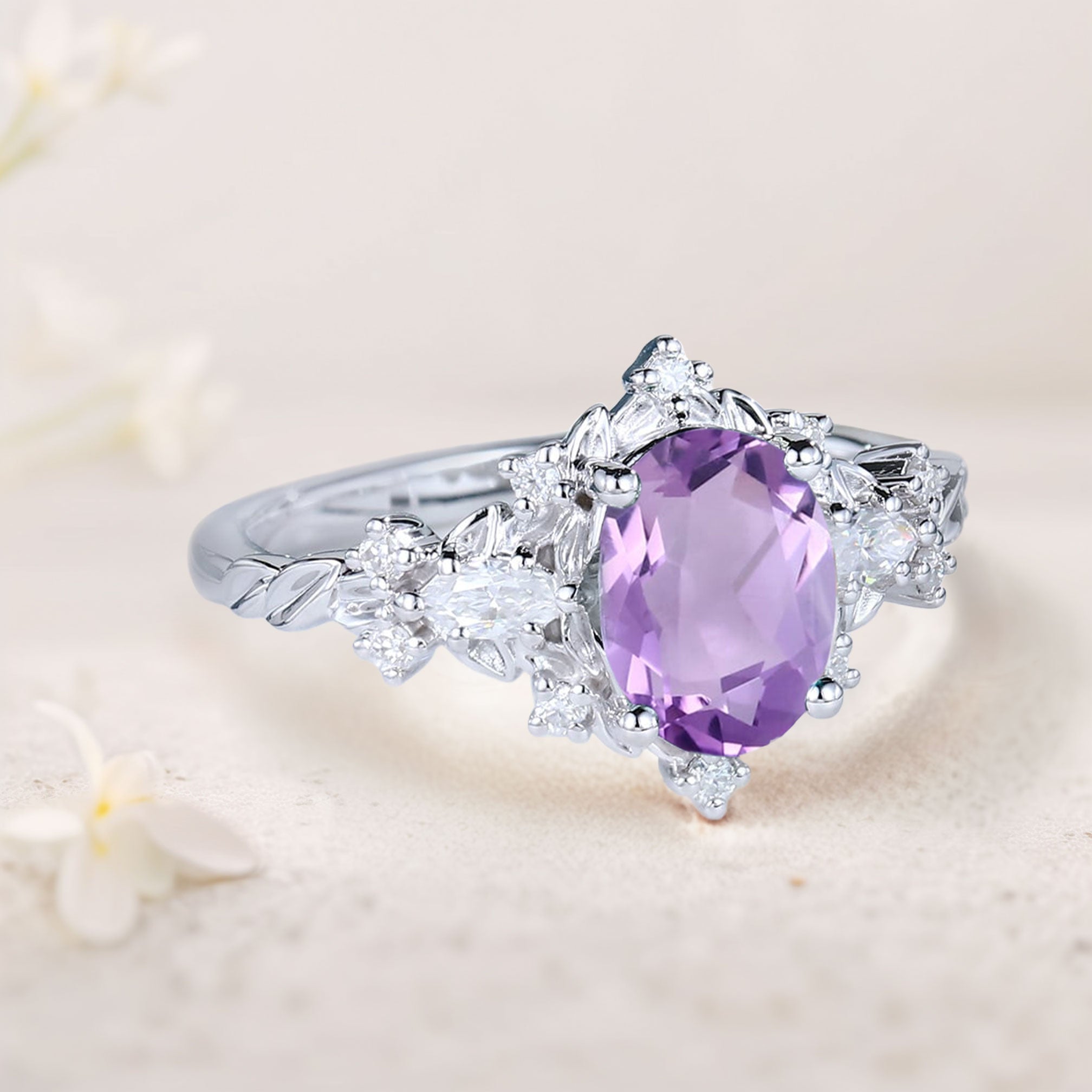 Vintage Briar Rose Oval Amethyst 18K White Gold Engagement Ring Vine Ring