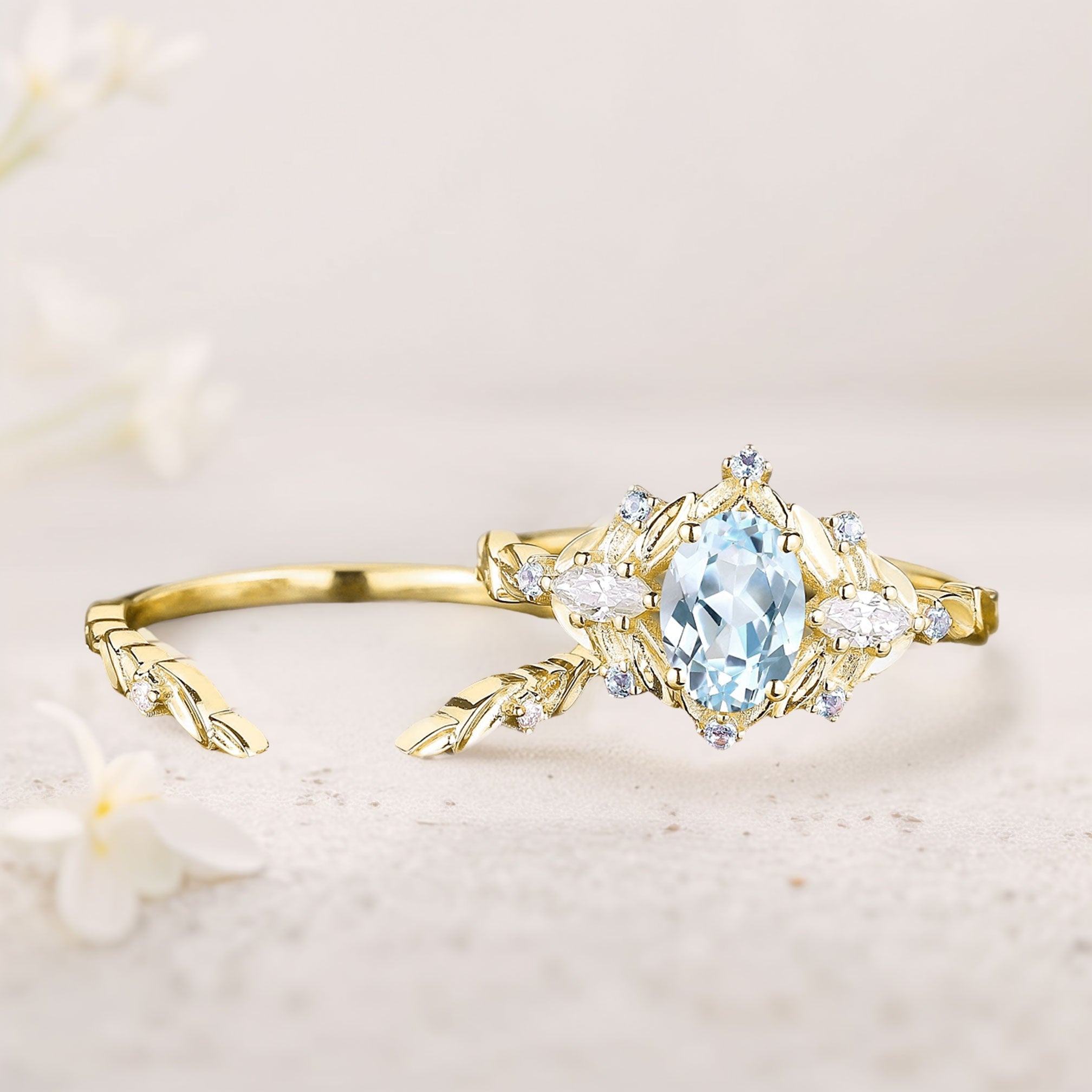 Unique floral engagement rings Oval Lab Aquamarine Flower Engagement Ring Set Delicate Aquamarine Leaf 18K Yellow Gold Wedding Ring Set