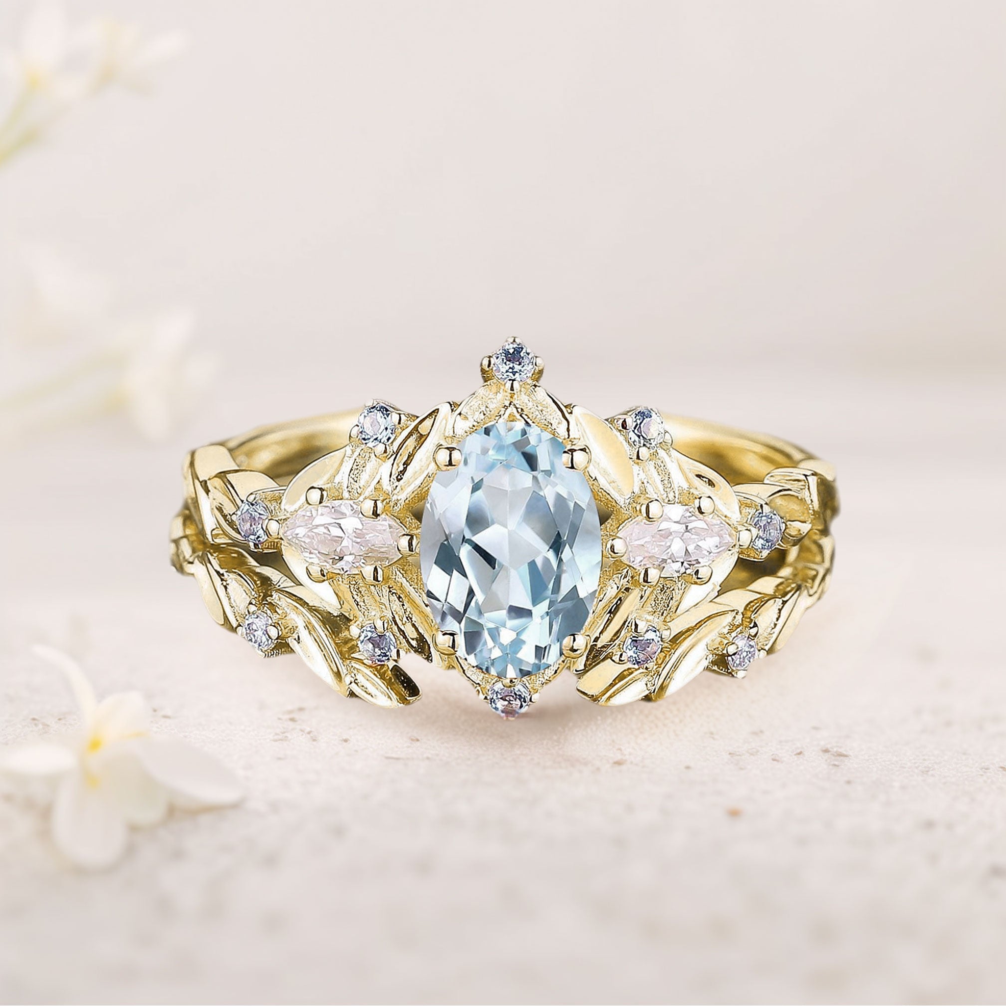 Unique floral engagement rings Oval Lab Aquamarine Flower Engagement Ring Set Delicate Aquamarine Leaf 18K Yellow Gold Wedding Ring Set
