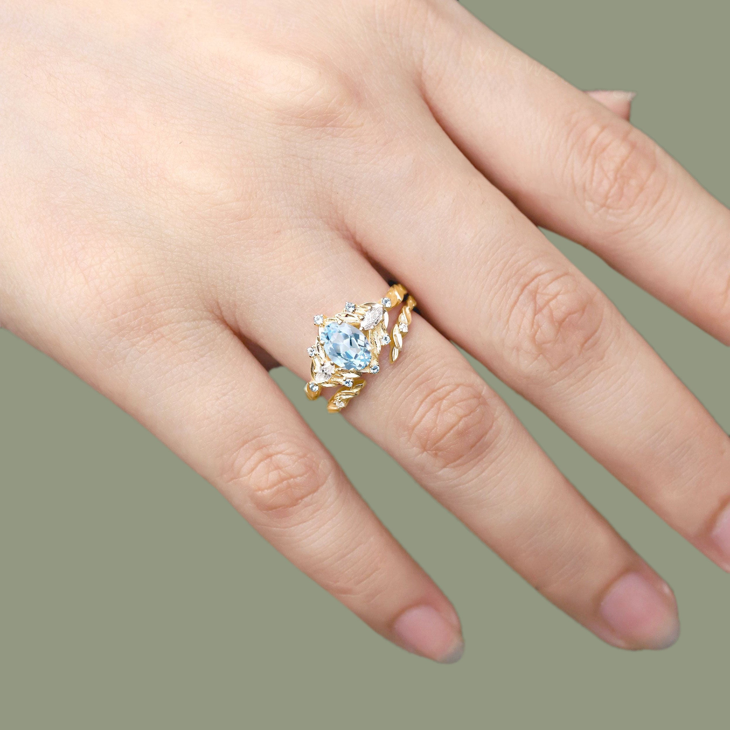 Unique floral engagement rings Oval Lab Aquamarine Flower Engagement Ring Set Delicate Aquamarine Leaf 18K Yellow Gold Wedding Ring Set
