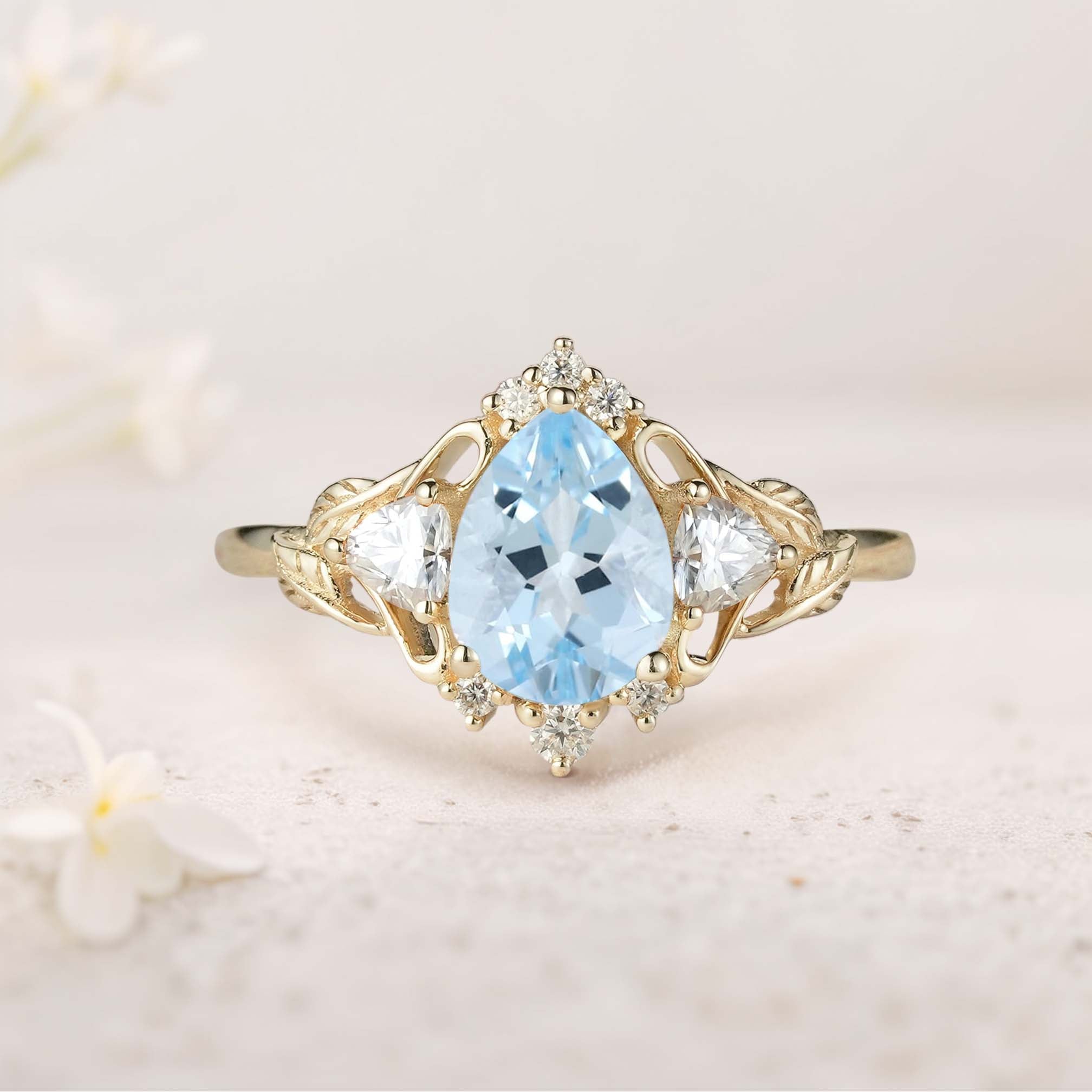 Unique floral engagement rings Pear Lab Aquamarine and Moissanite side stones Leaf Ring 18K Yellow Gold Engagement Ring