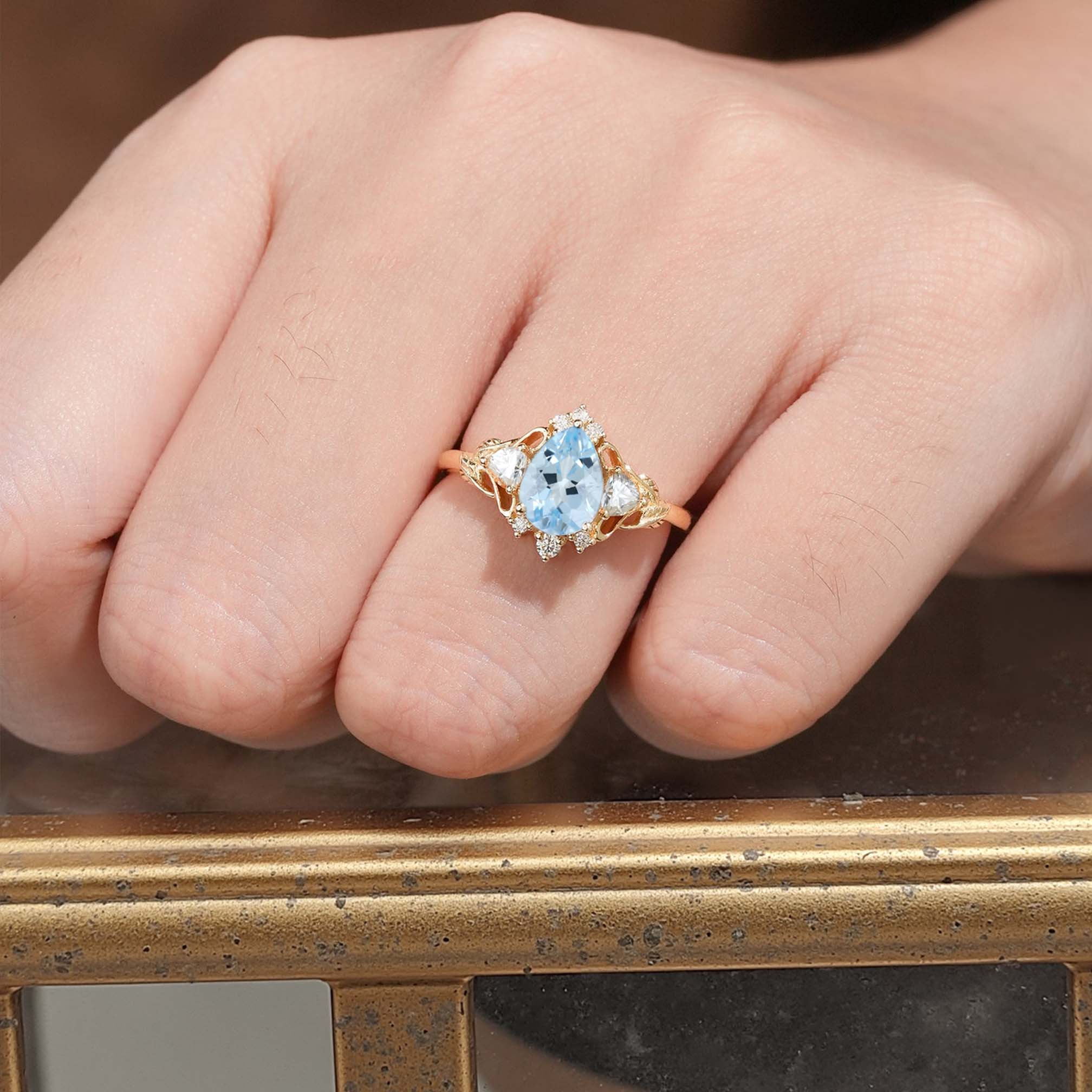 Unique floral engagement rings Pear Lab Aquamarine and Moissanite side stones Leaf Ring 18K Yellow Gold Engagement Ring