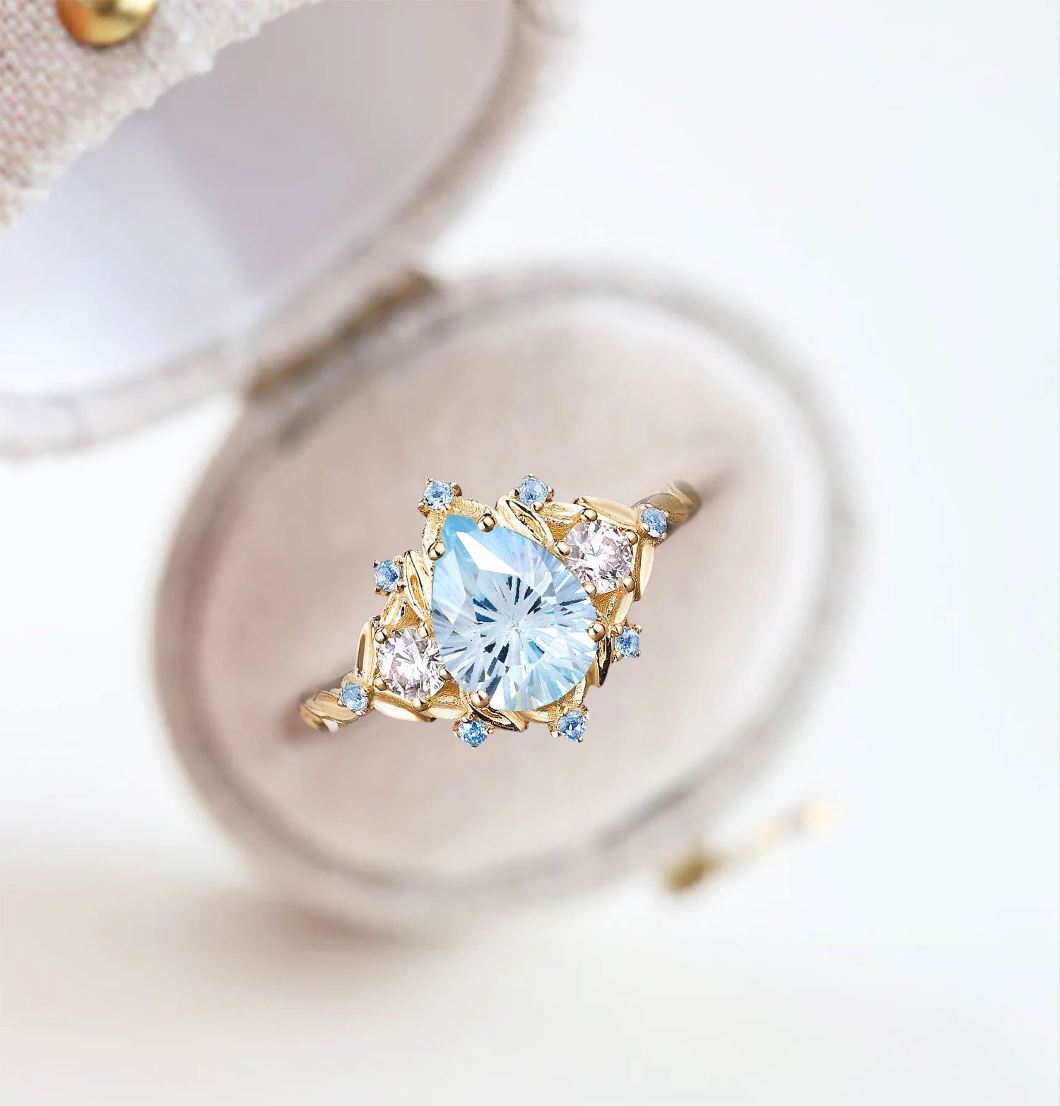 Unique Pear Lab Aquamarine Cluster Leaf 18K Yellow Gold Wedding Ring Handmade Anniversary Ring Gift For Women