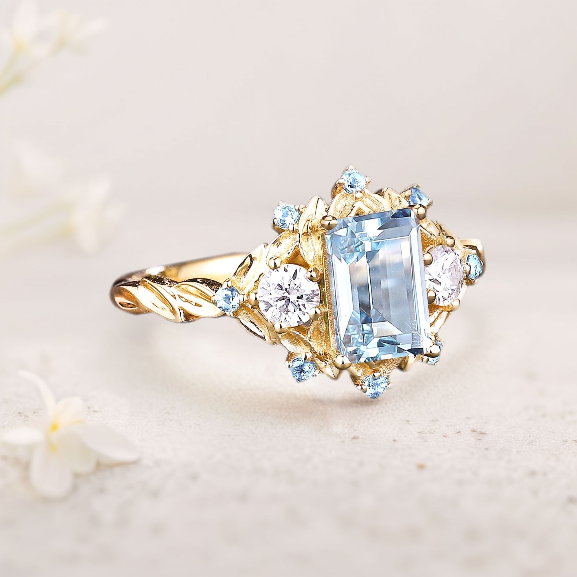 Unique floral engagement rings Lab Aquamarine Leaf 18K Yellow Gold Engagement Ring Promise Ring
