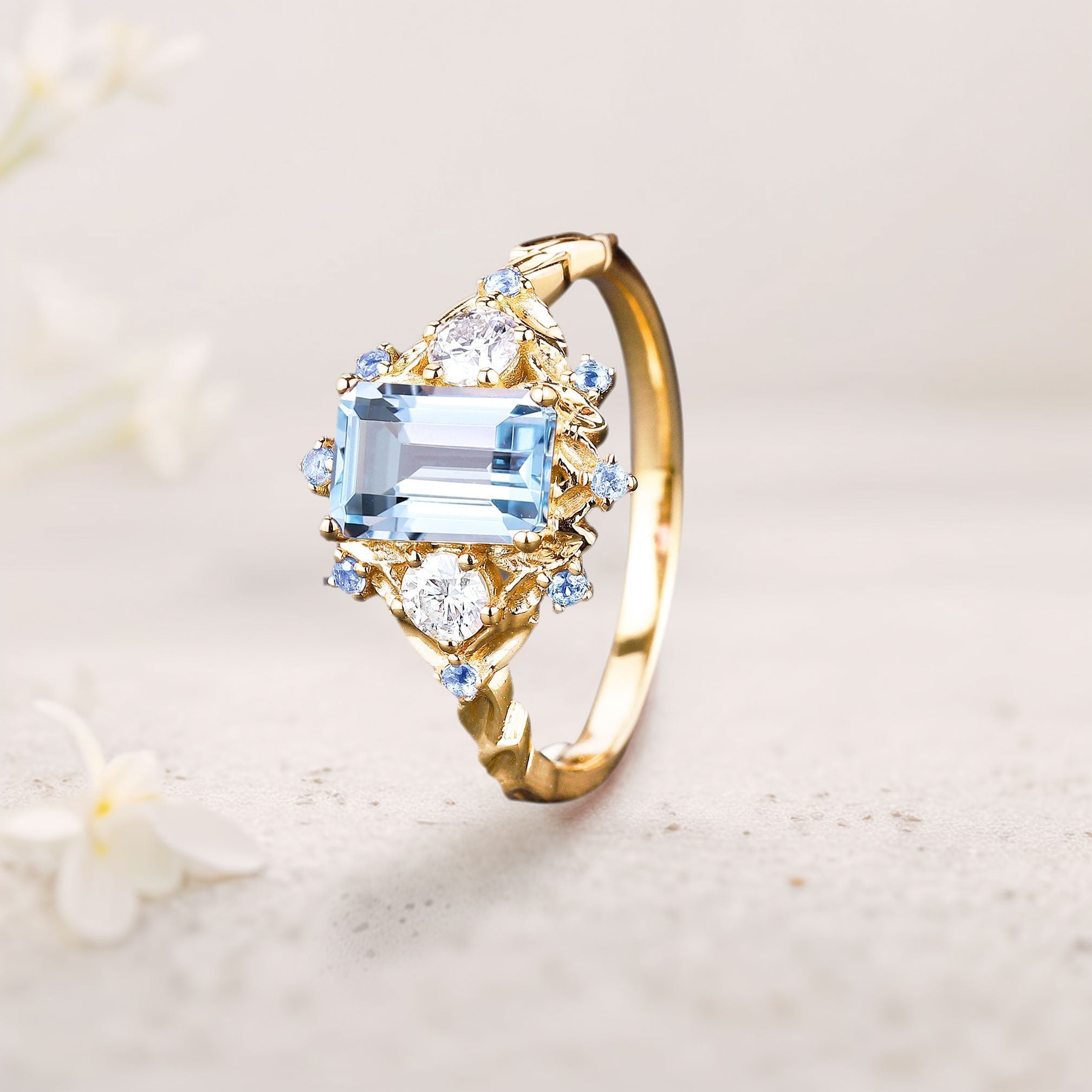 Unique floral engagement rings Lab Aquamarine Leaf 18K Yellow Gold Engagement Ring Promise Ring