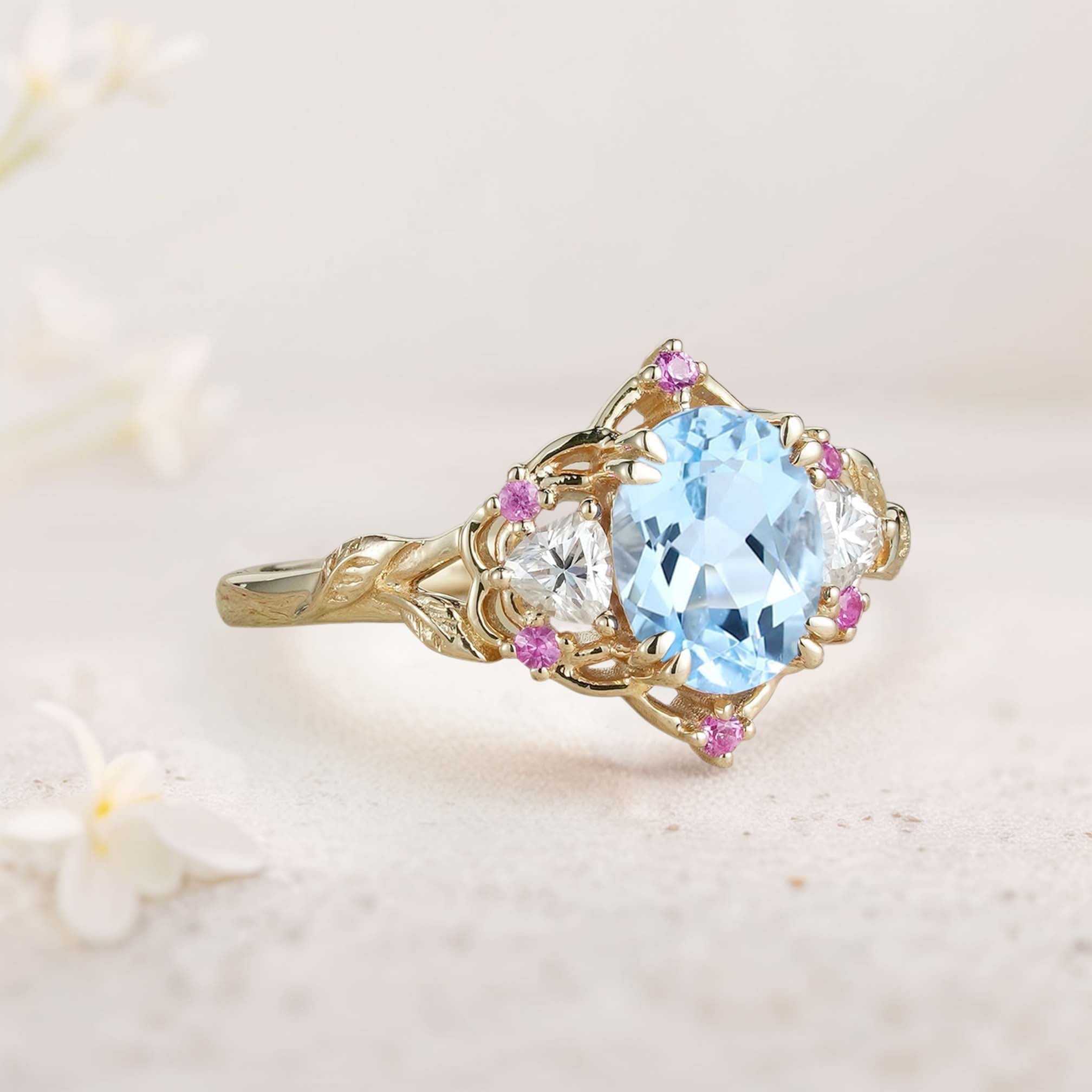 Unique Three Stone Oval Lab Aquamarine 18K Yellow Gold Engagement Ring