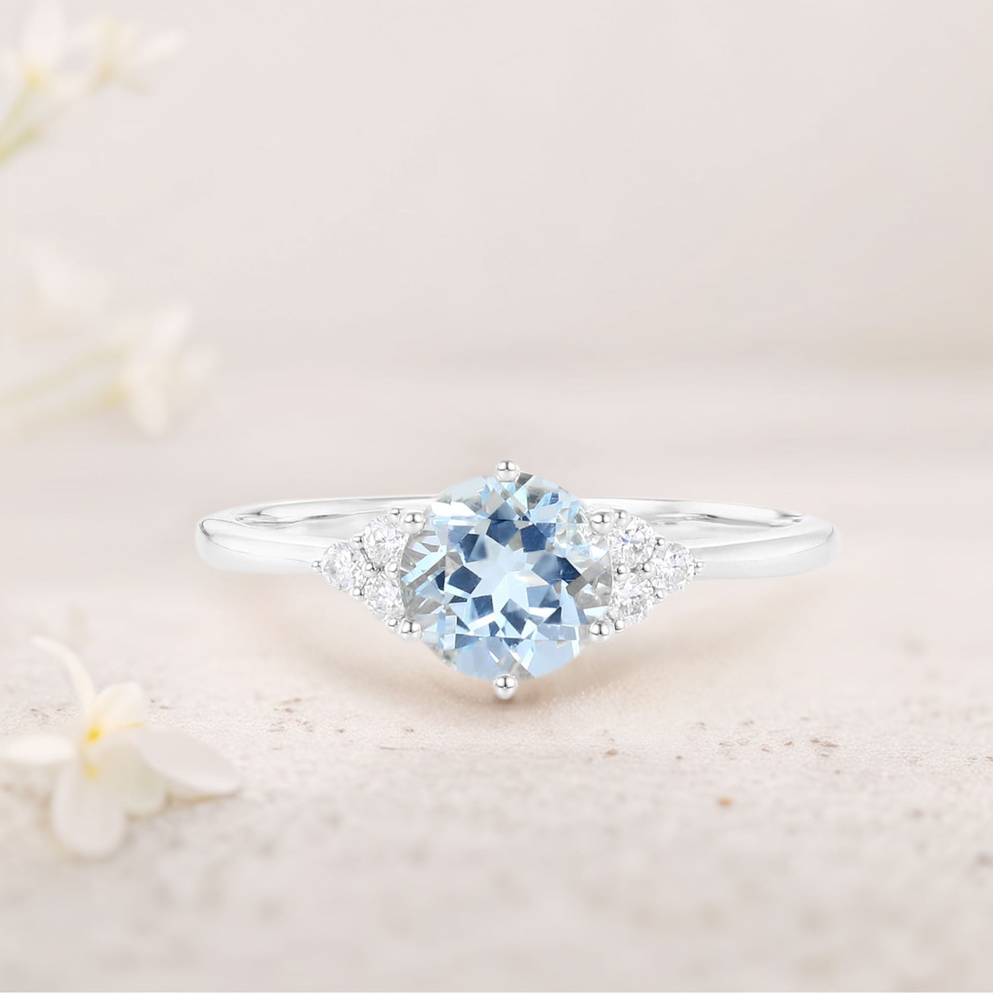 Unique Round Lab Aquamarine 18K White Gold Engagement Rings Cluster Promise Ring