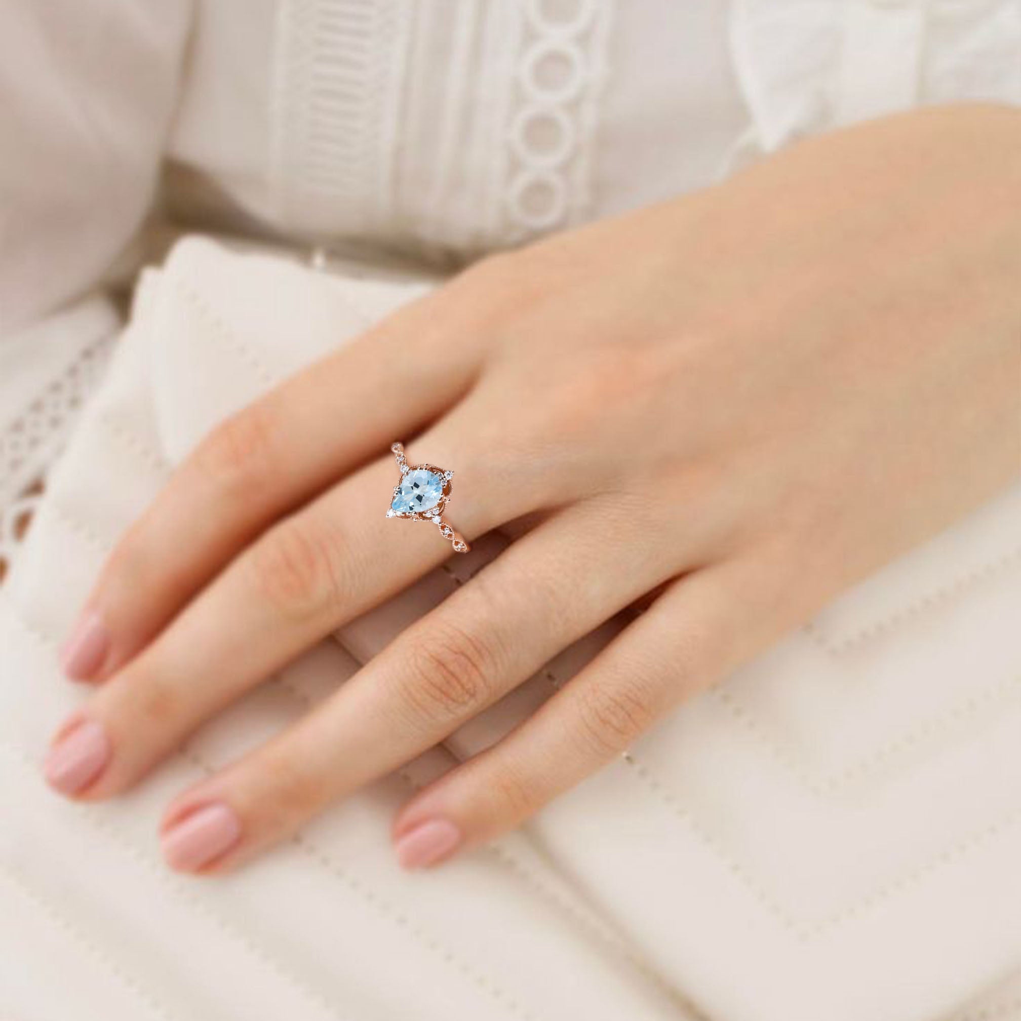 Vintage Pear Lab Aquamarine 18K Rose Gold Engagement Ring Bridal Ring