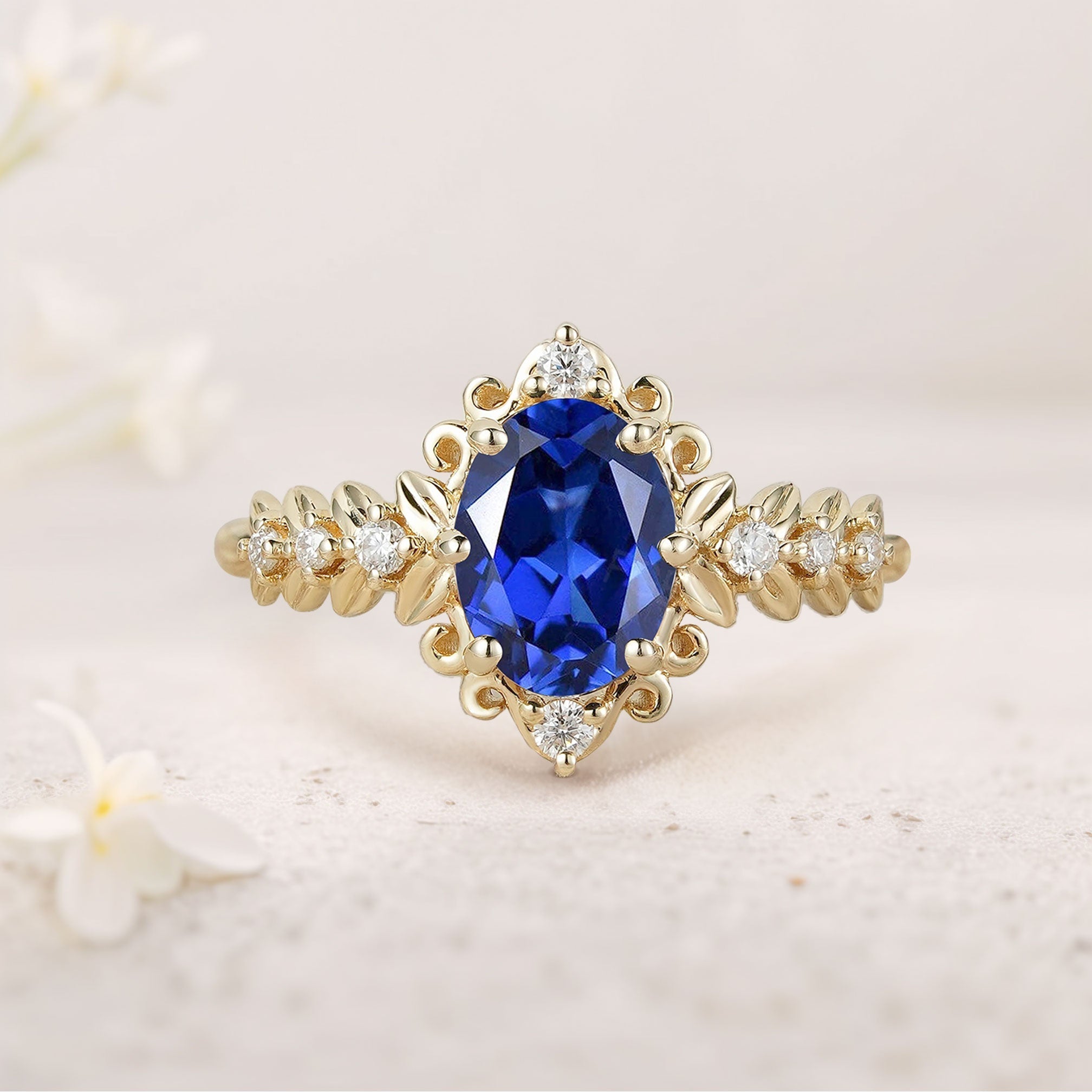 Unique Elegant Royal Blue Lab Sapphire Filigree Leaf 18K Yellow Gold Engagement Ring
