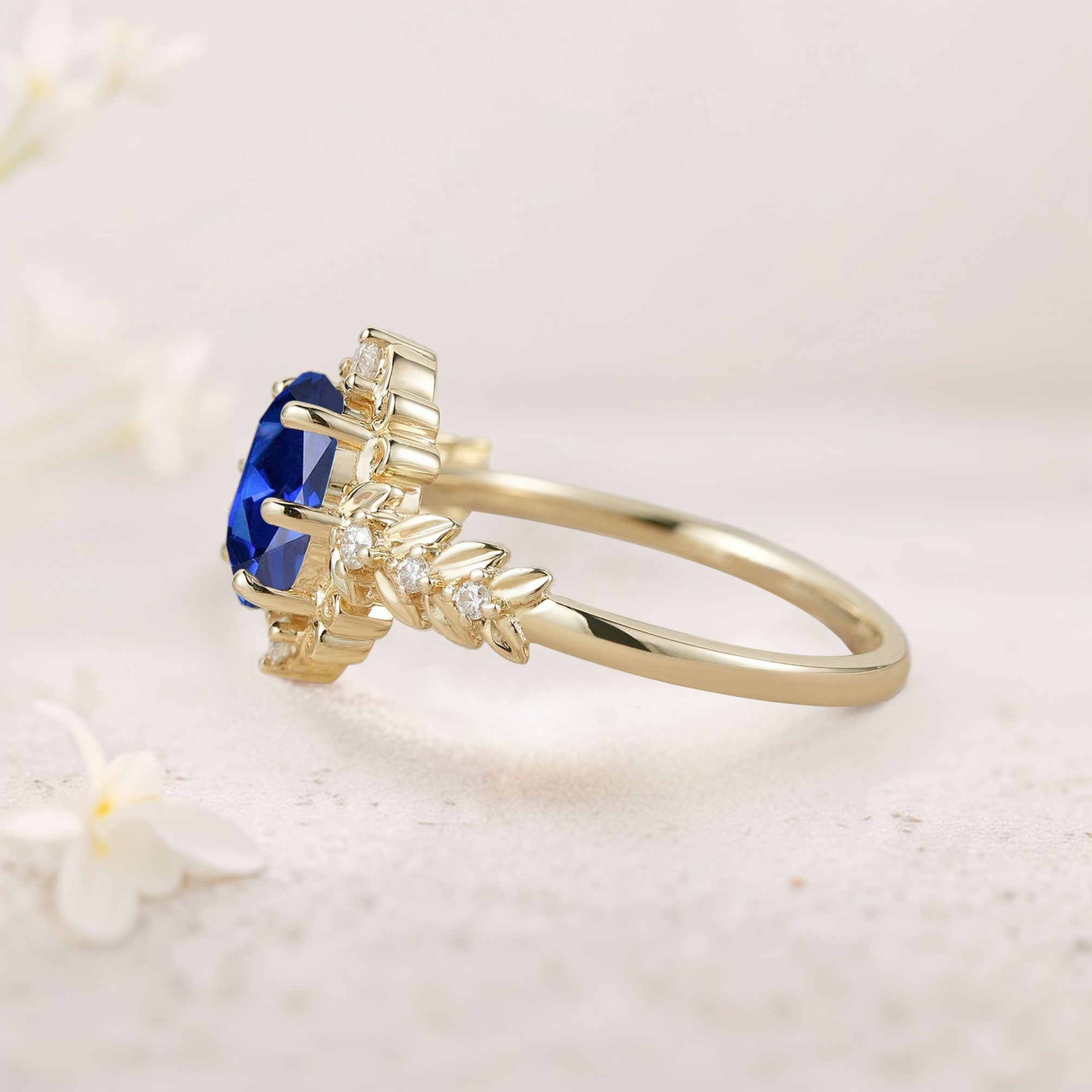 Unique Elegant Royal Blue Lab Sapphire Filigree Leaf 18K Yellow Gold Engagement Ring