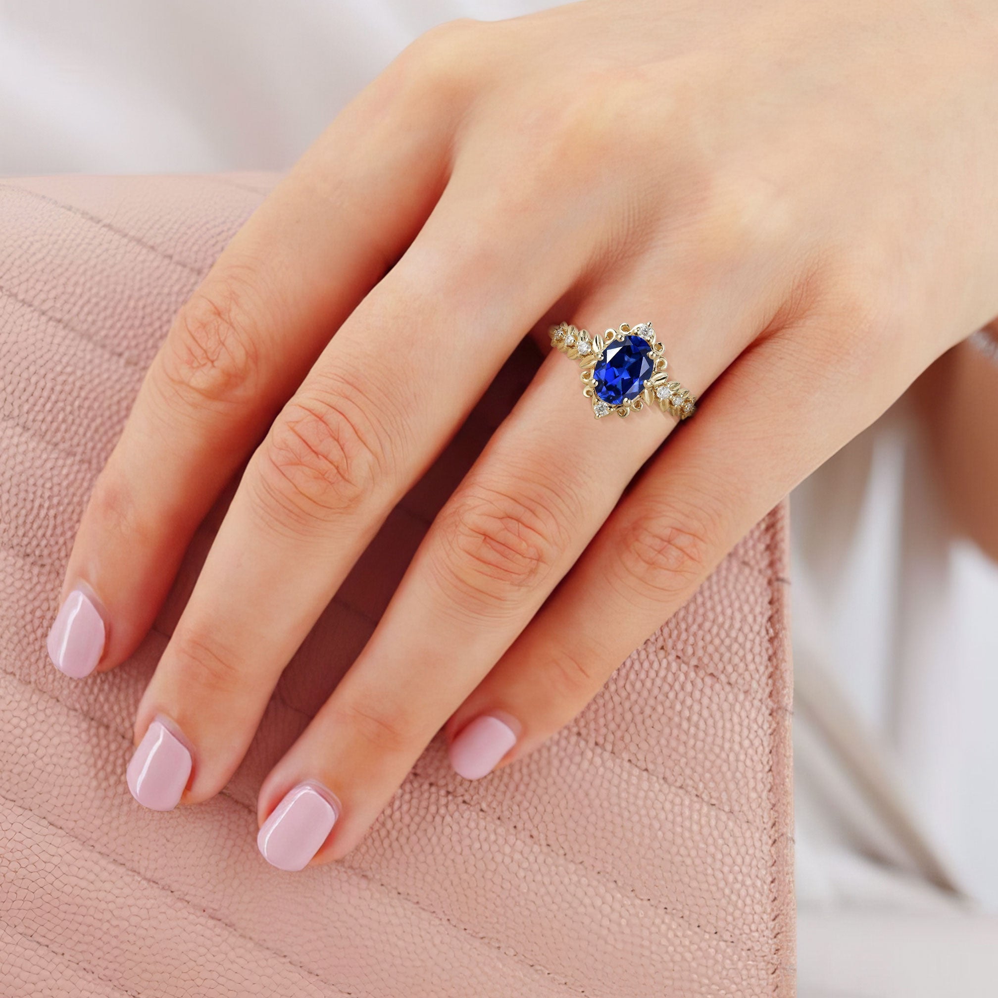 Unique Elegant Royal Blue Lab Sapphire Filigree Leaf 18K Yellow Gold Engagement Ring