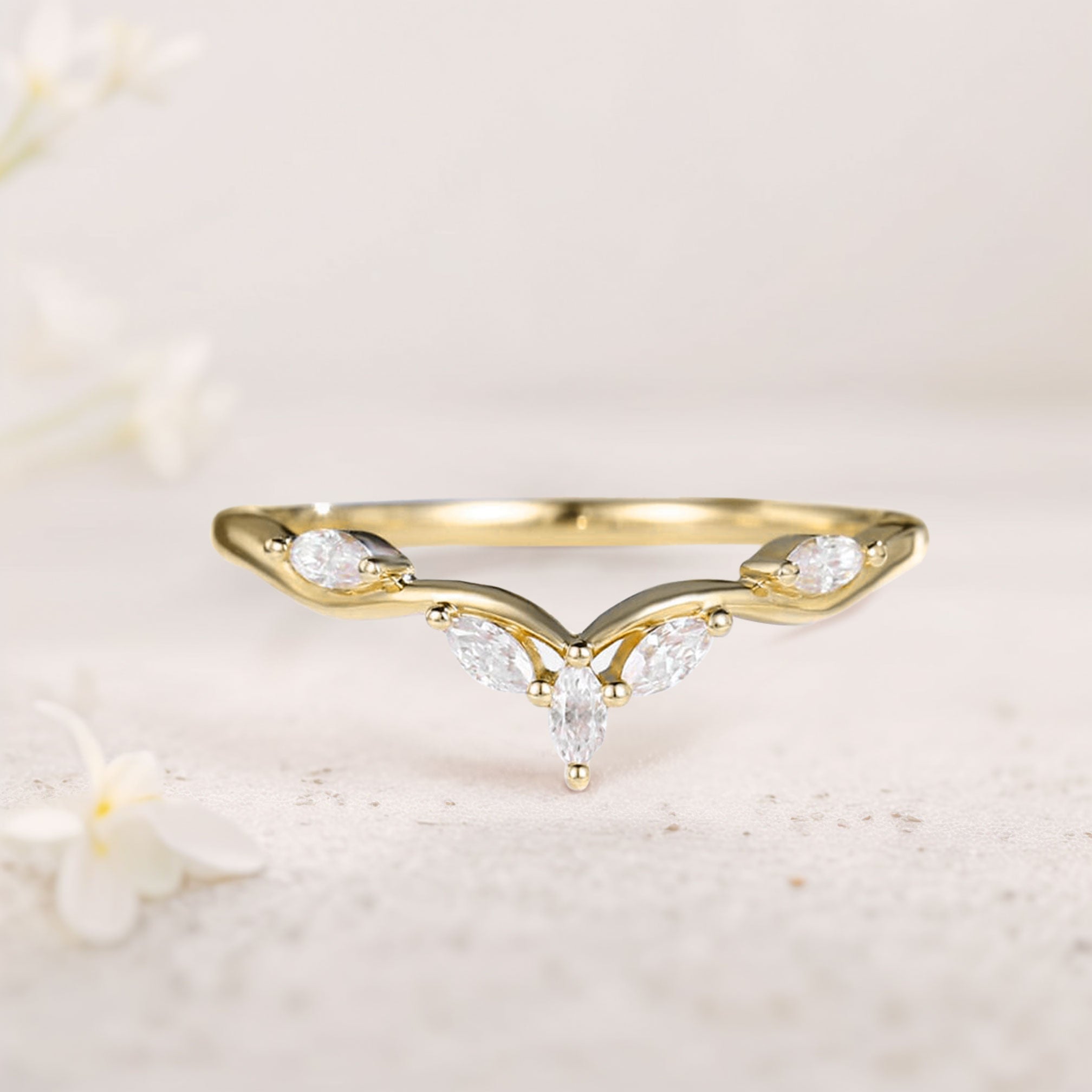 Unique Marquise Moissanite Curved Wedding Band Stacked 18K Yellow Gold Wedding Ring