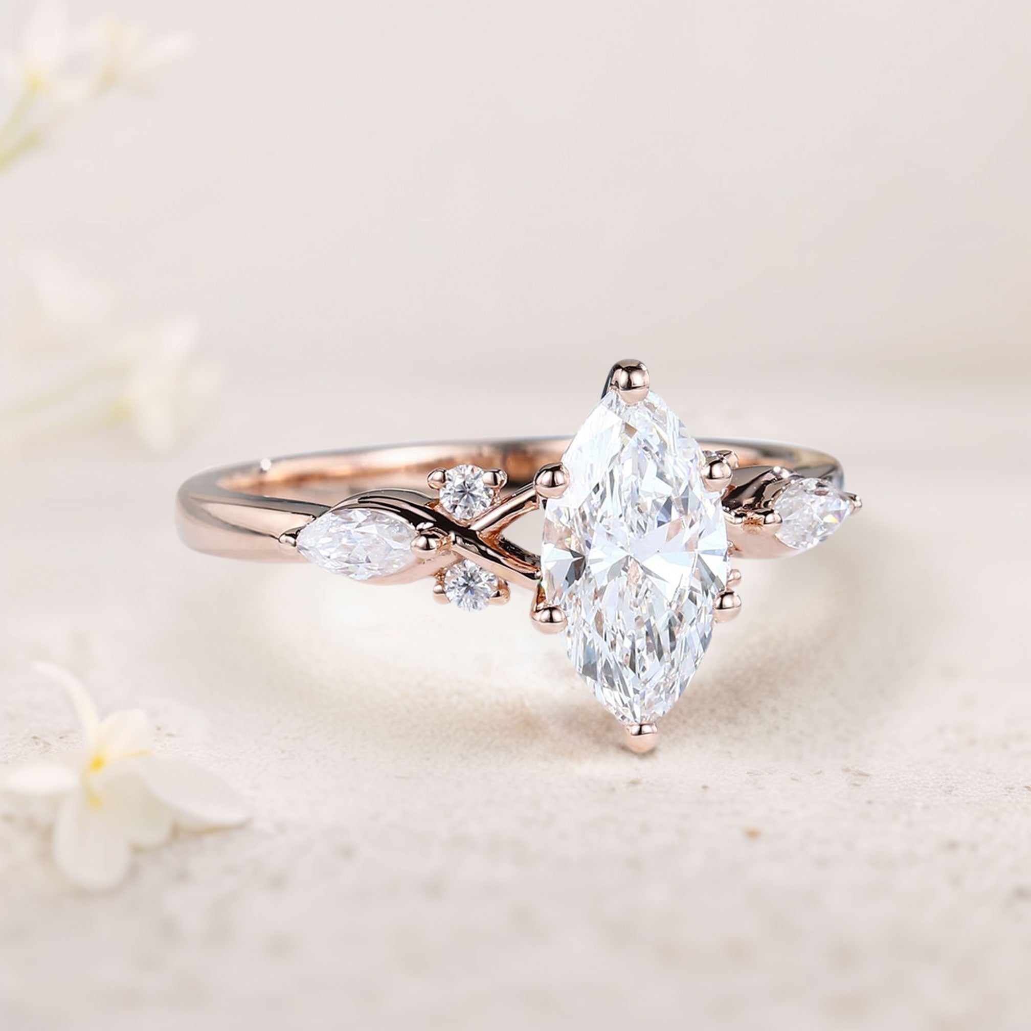 Unique Marquise Moissanite 18K Rose Gold Engagement Ring Bridal Ring