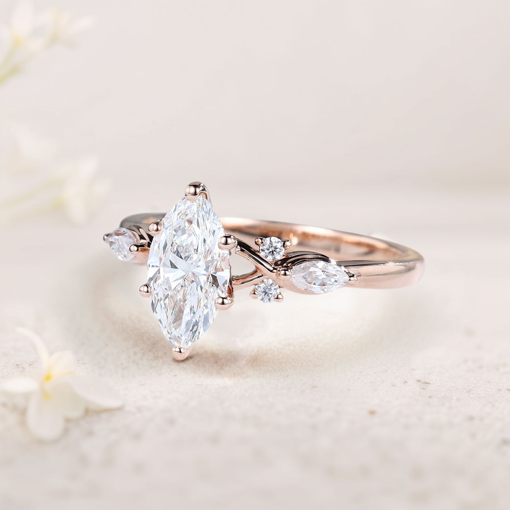 Unique Marquise Moissanite 18K Rose Gold Engagement Ring Bridal Ring