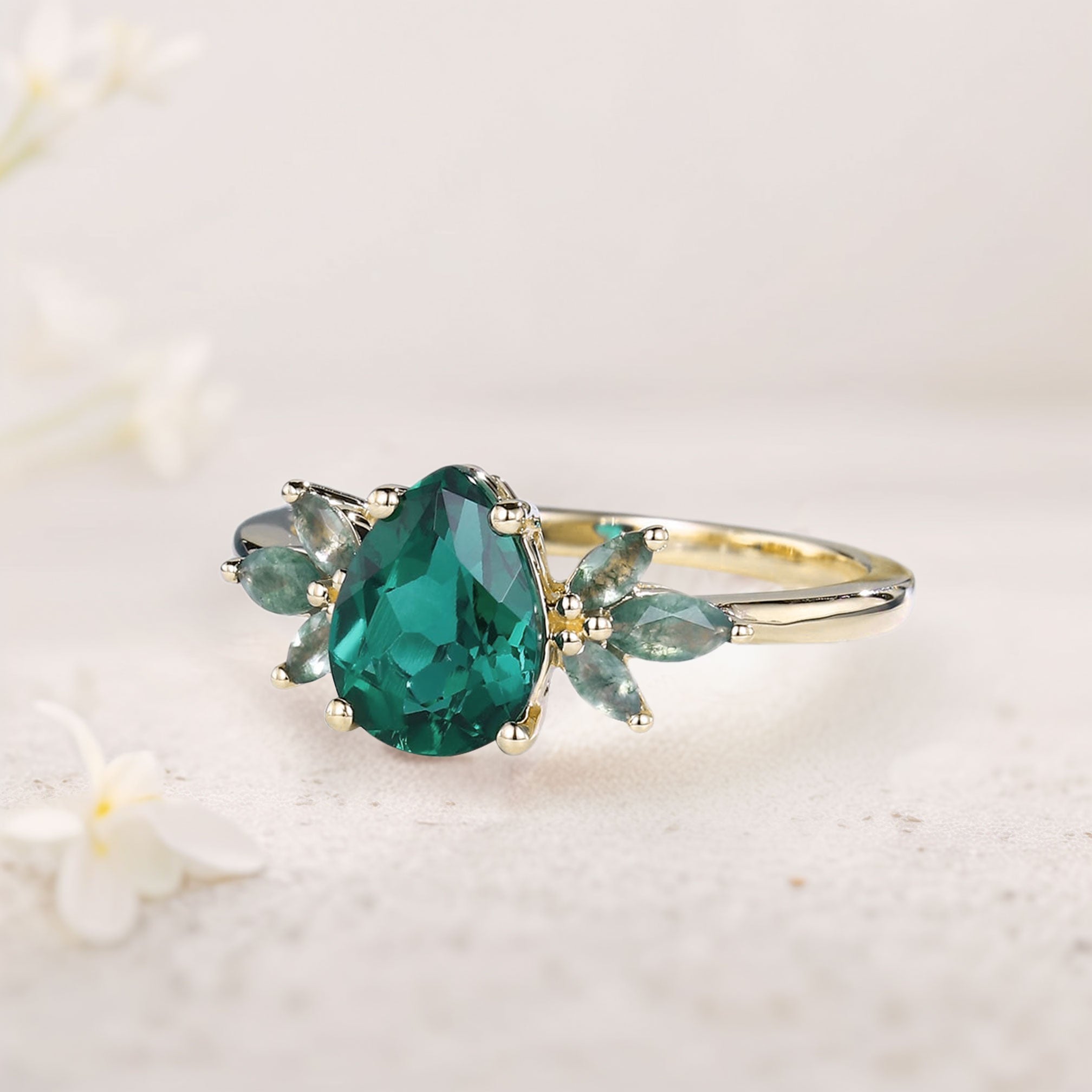 Unique Pear Lab Emerald Ring Petal Moss Agate Side Stones 18K Yellow Gold Engagement Ring