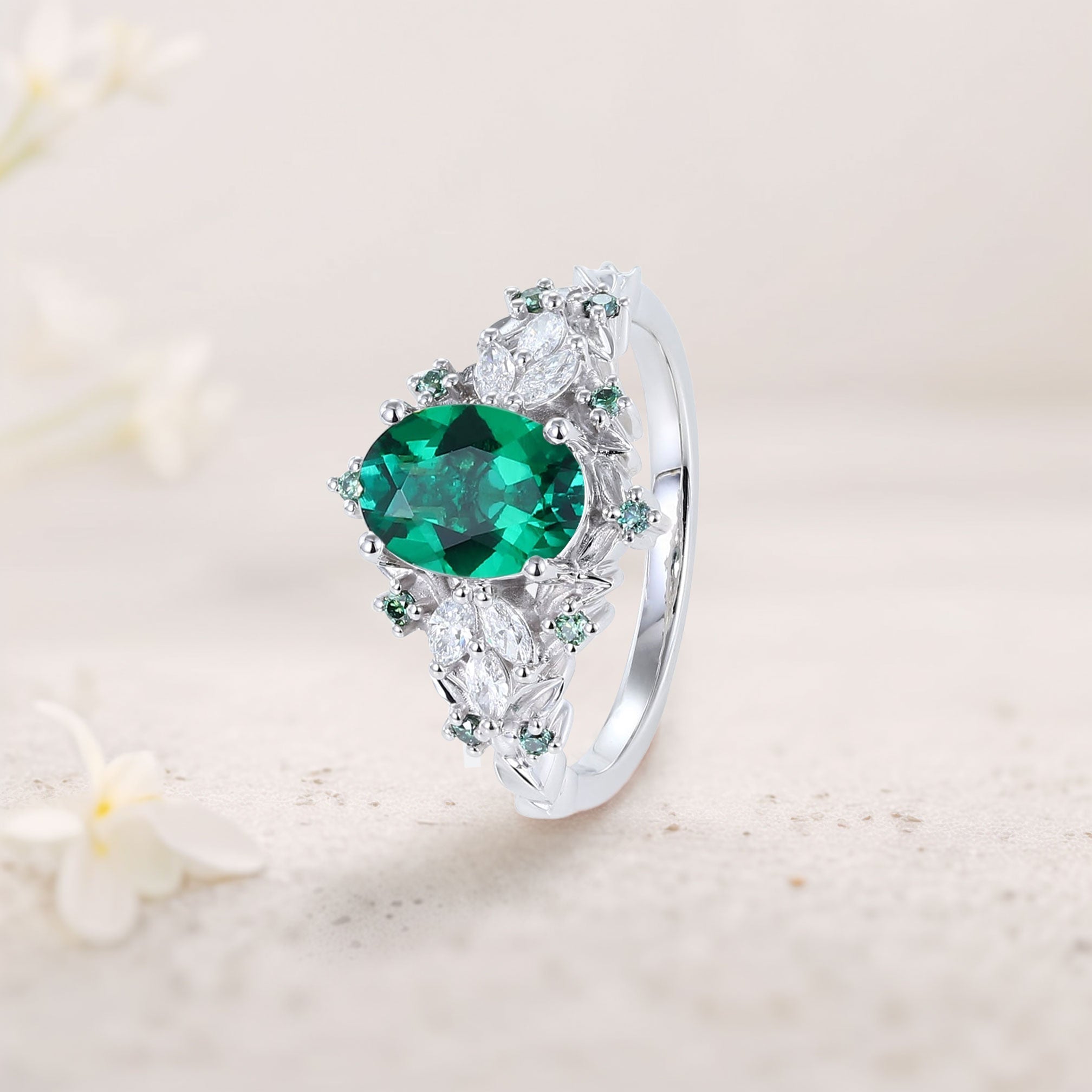 Unique Starlight Oval Lab Emerald 18K White Gold Engagement Ring