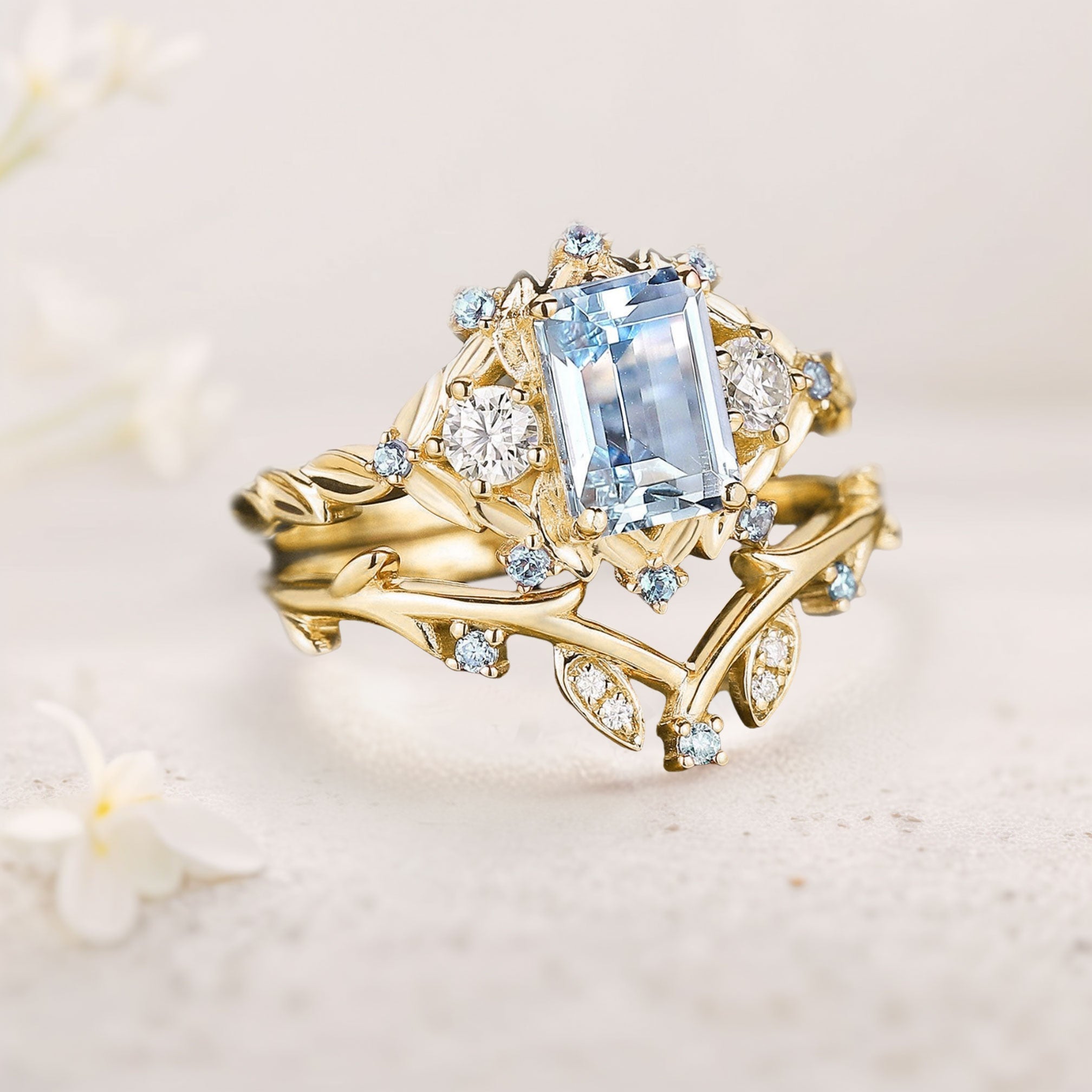 Unique floral engagement rings Emerald Cut Lab Aquamarine Floral 18K Yellow Gold Wedding Ring Promise Bridal Set