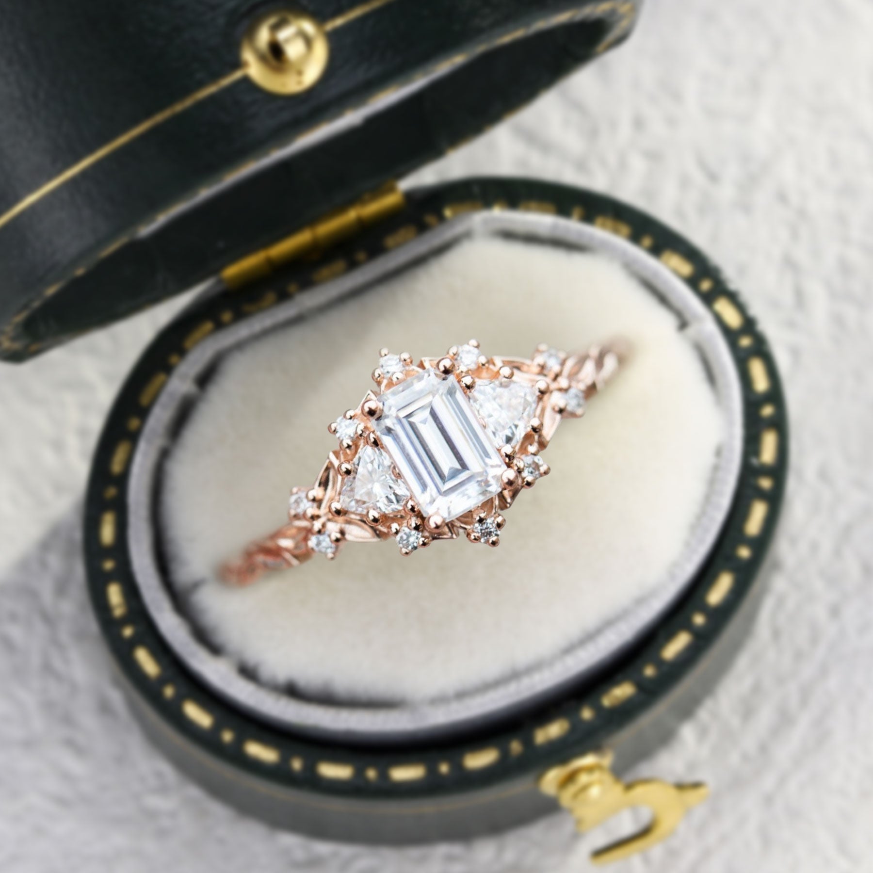 Unique Briar Rose Three Stone Emerald cut Moissanite 18K Rose Gold Ring
