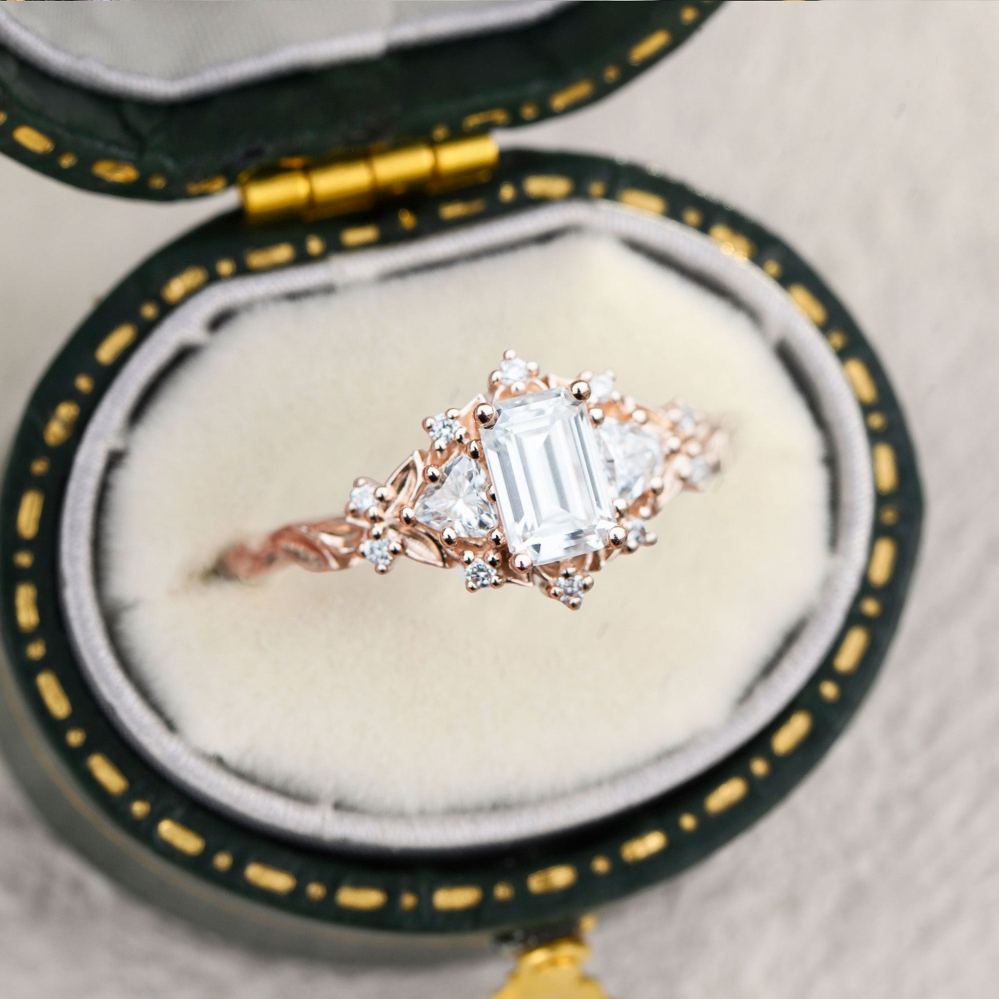 Unique Briar Rose Three Stone Emerald cut Moissanite 18K Rose Gold Ring