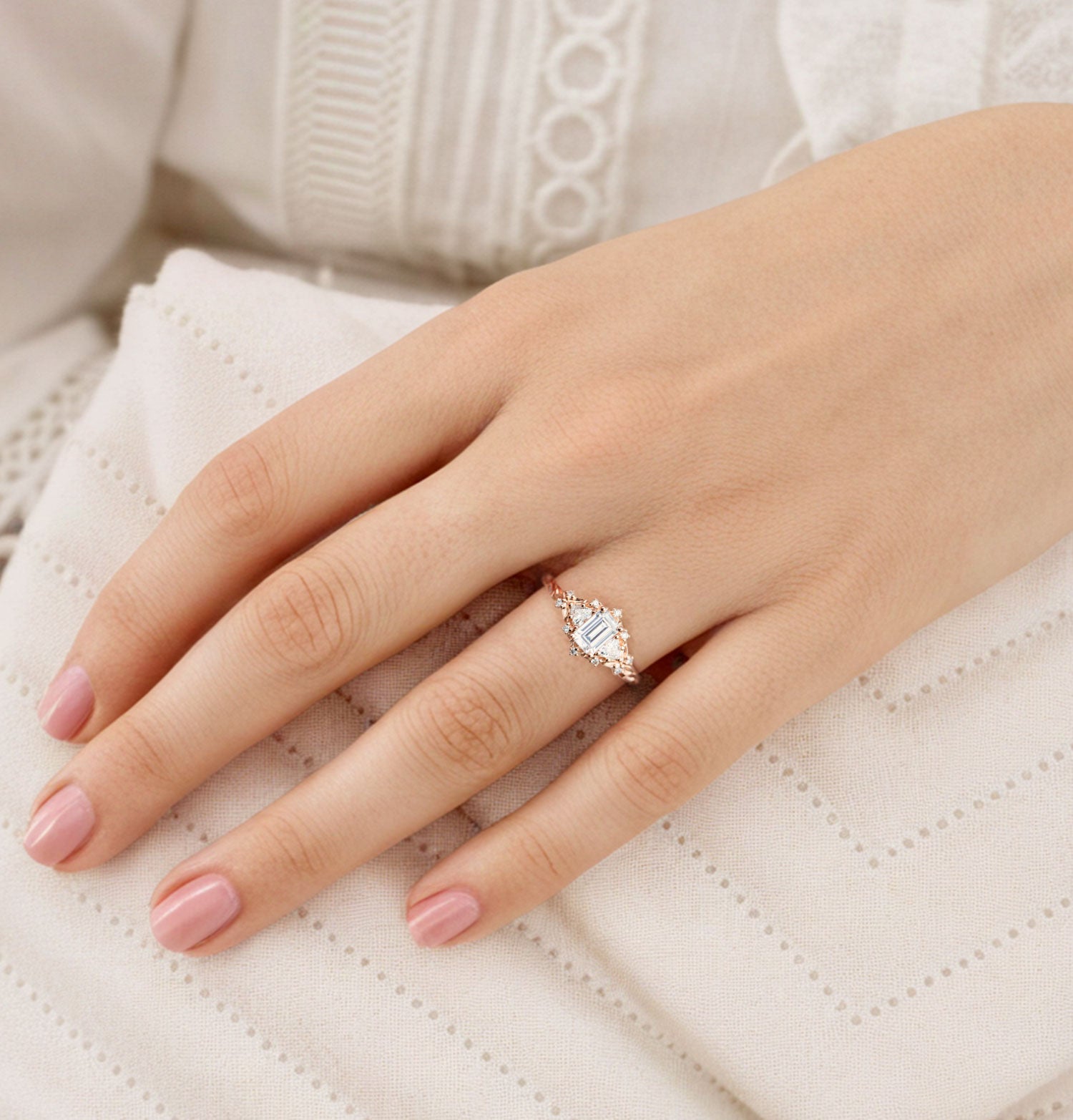 Unique Briar Rose Three Stone Emerald cut Moissanite 18K Rose Gold Ring