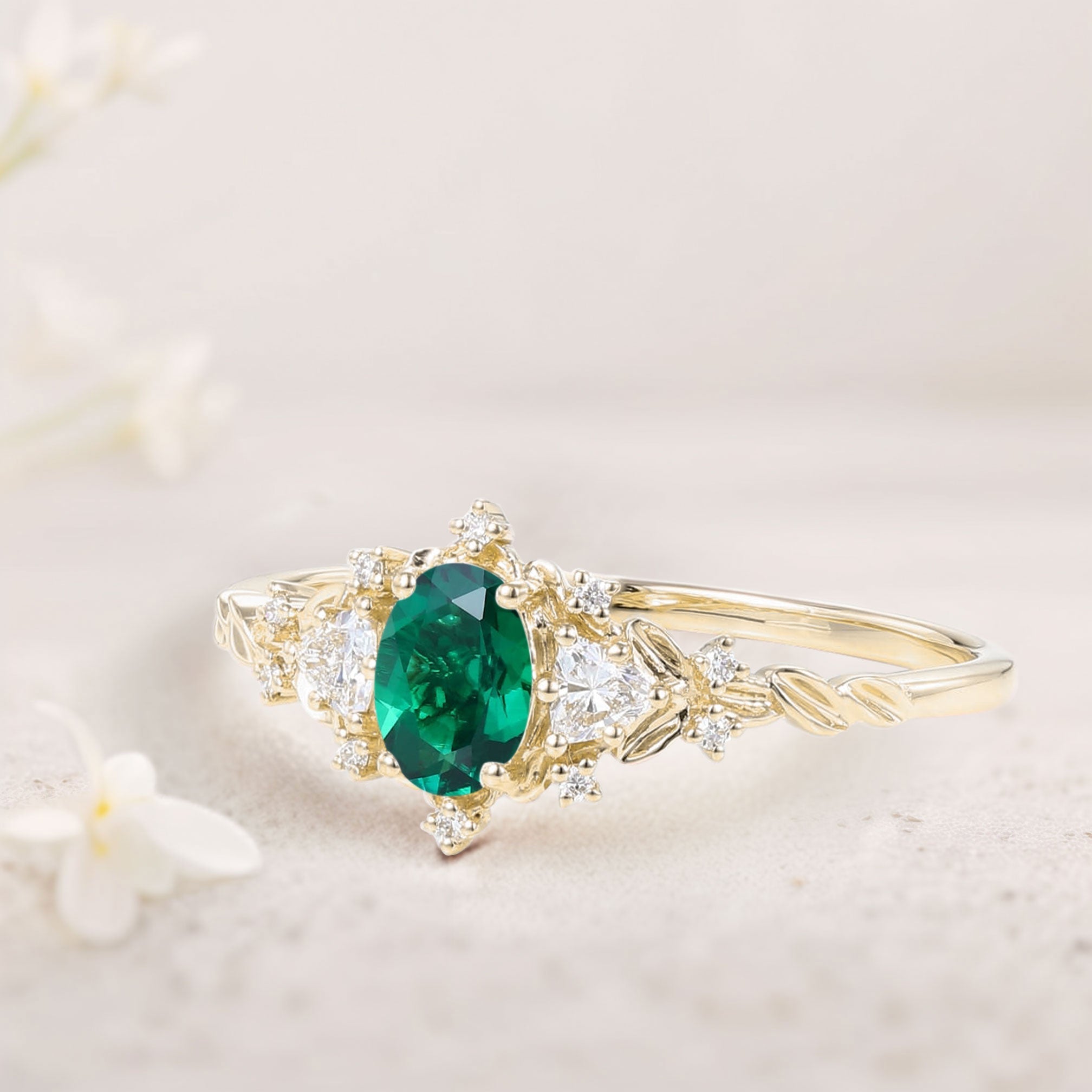 Classic Briar Rose Oval Lab Emerald Olive Leaves 18K Yellow Gold Engagement Ring Fairy Ring