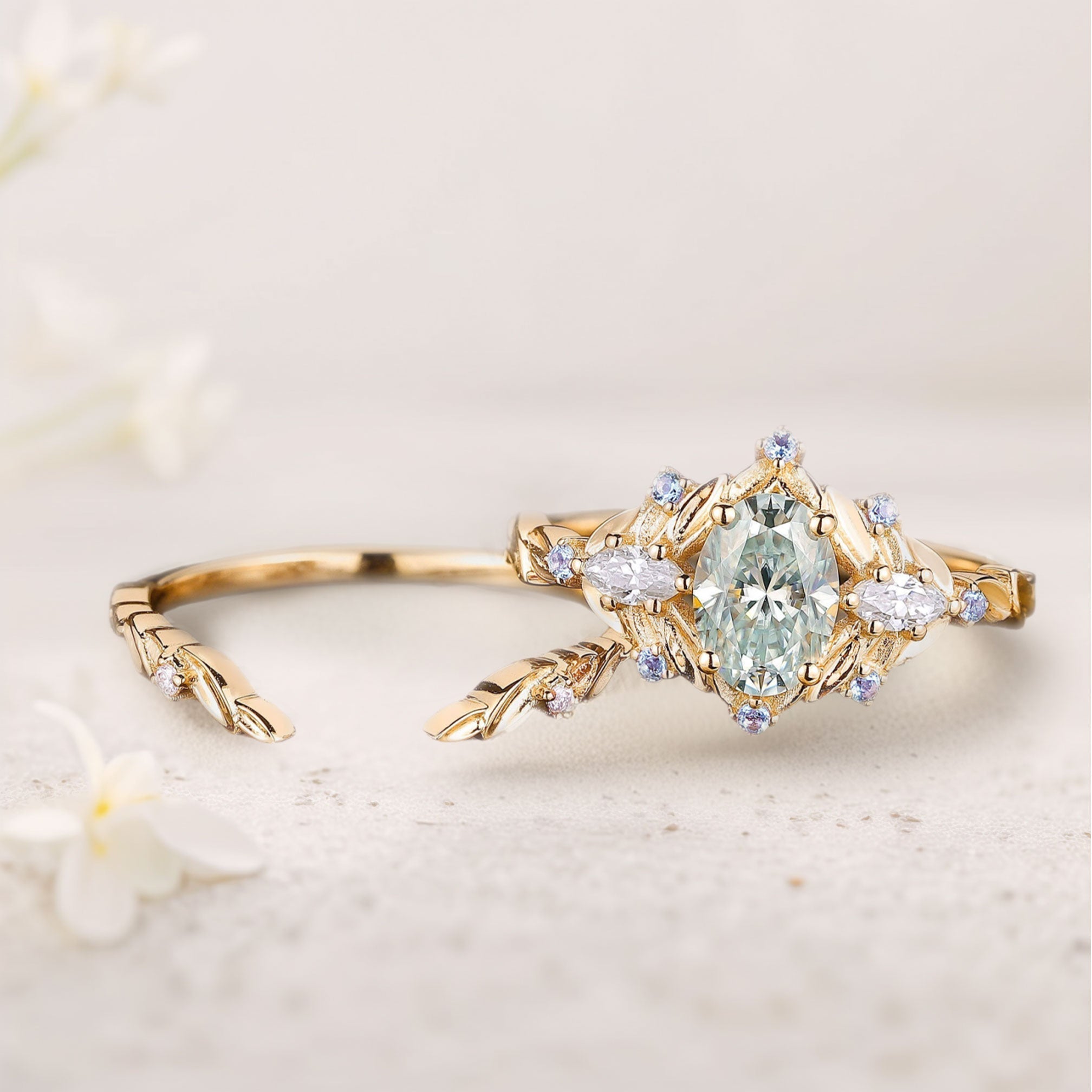 Vintage floral engagement rings Oval Green Moissanite 18K Yellow Gold Engagement Ring set Sapphire leaf Ring set