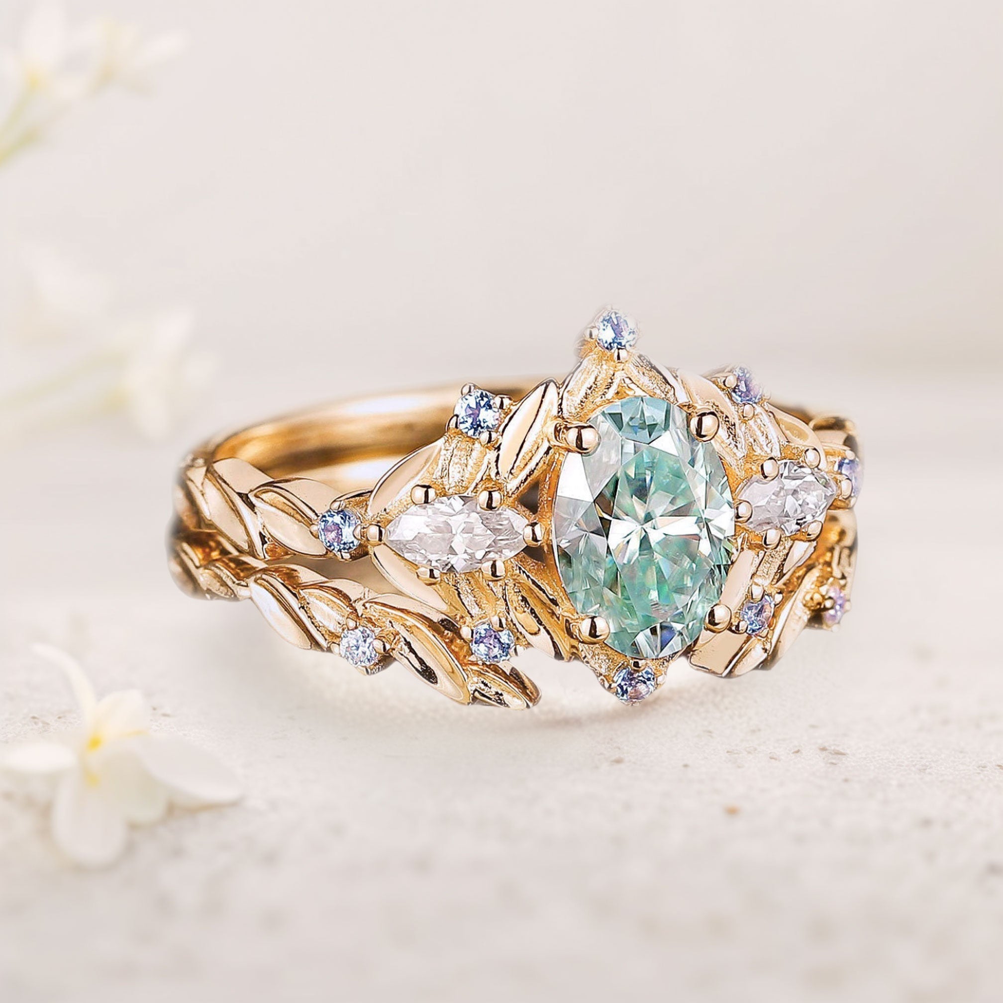 Vintage floral engagement rings Oval Green Moissanite 18K Yellow Gold Engagement Ring set Sapphire leaf Ring set