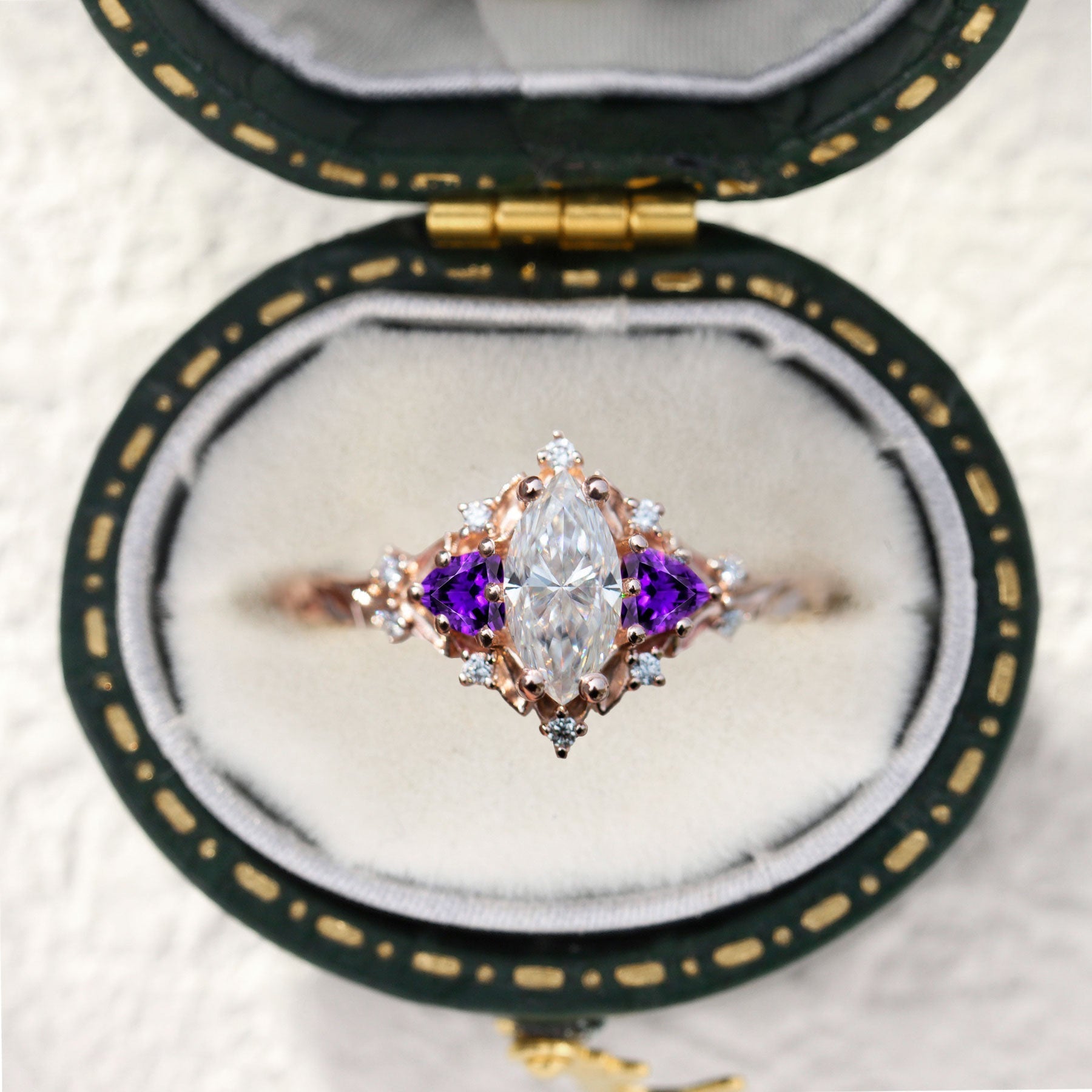 Customize your own Unique Briar Rose Marquise Moissanite and Amethyst 18K Rose Gold Ring