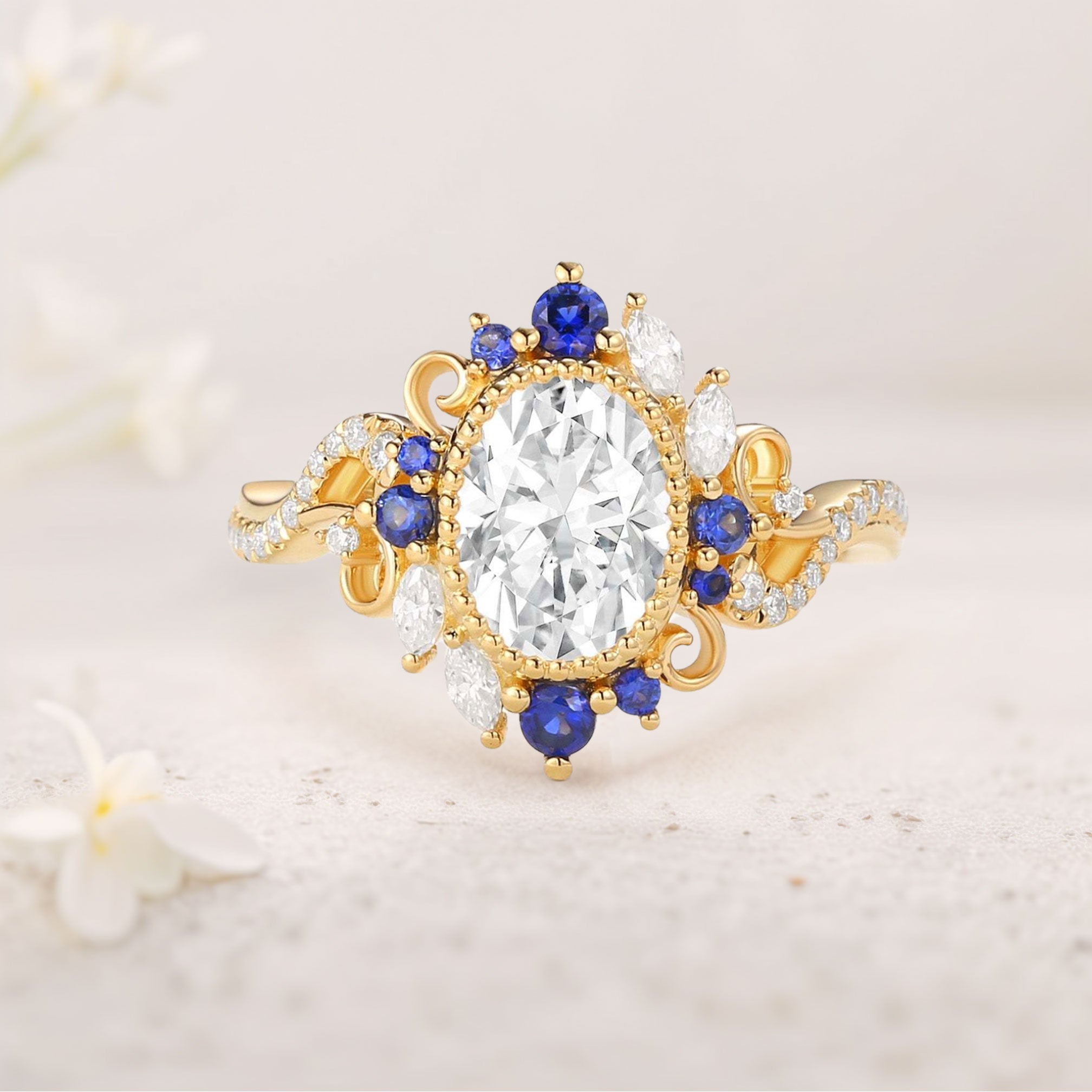 Unique floral engagement rings Halo Oval Moissanite and Lab Sapphire 18K Yellow Gold Twis Ring