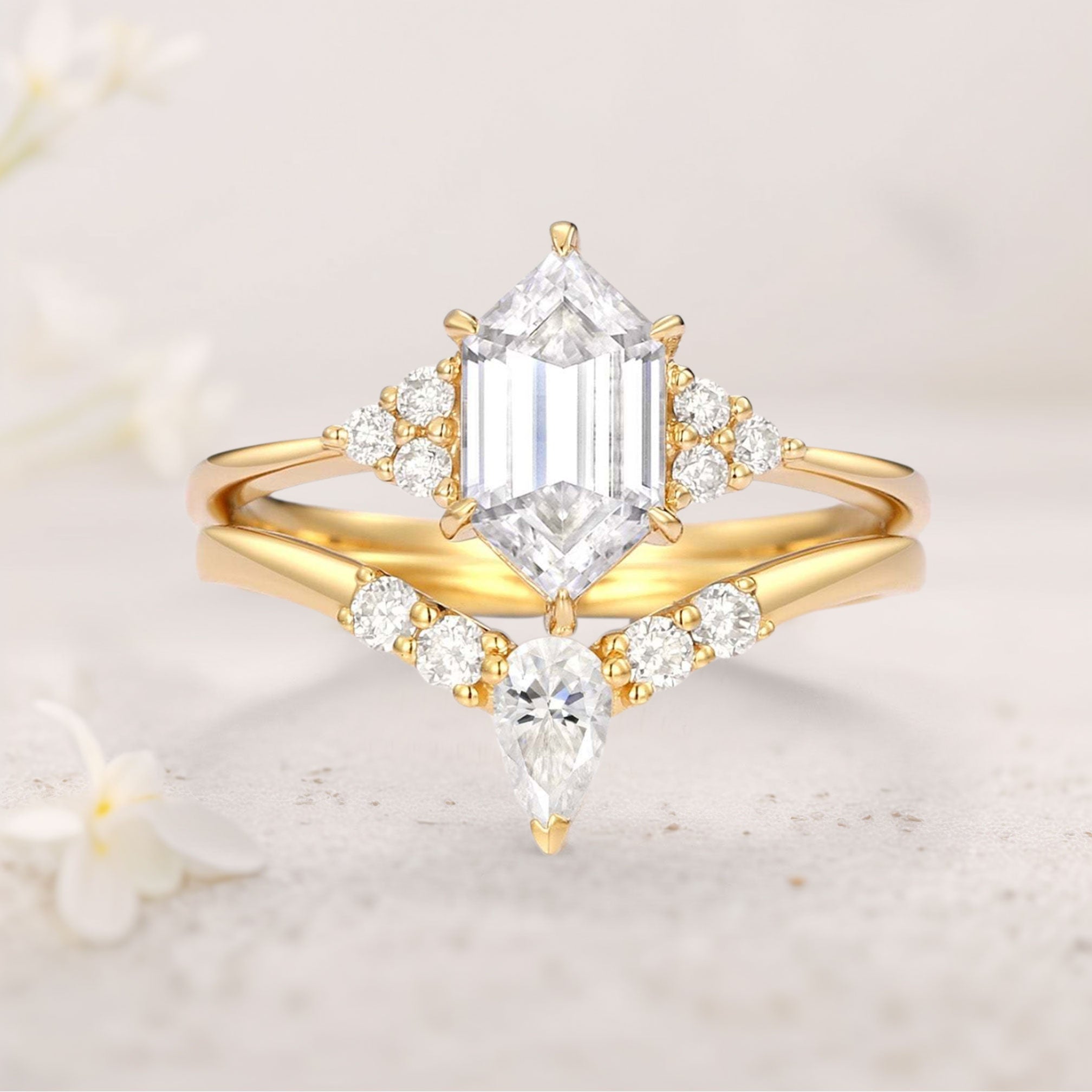 Unique floral engagement rings Long Hexagon Moissanite 18K Yellow Gold Wedding Ring Set Bridal Ring Set