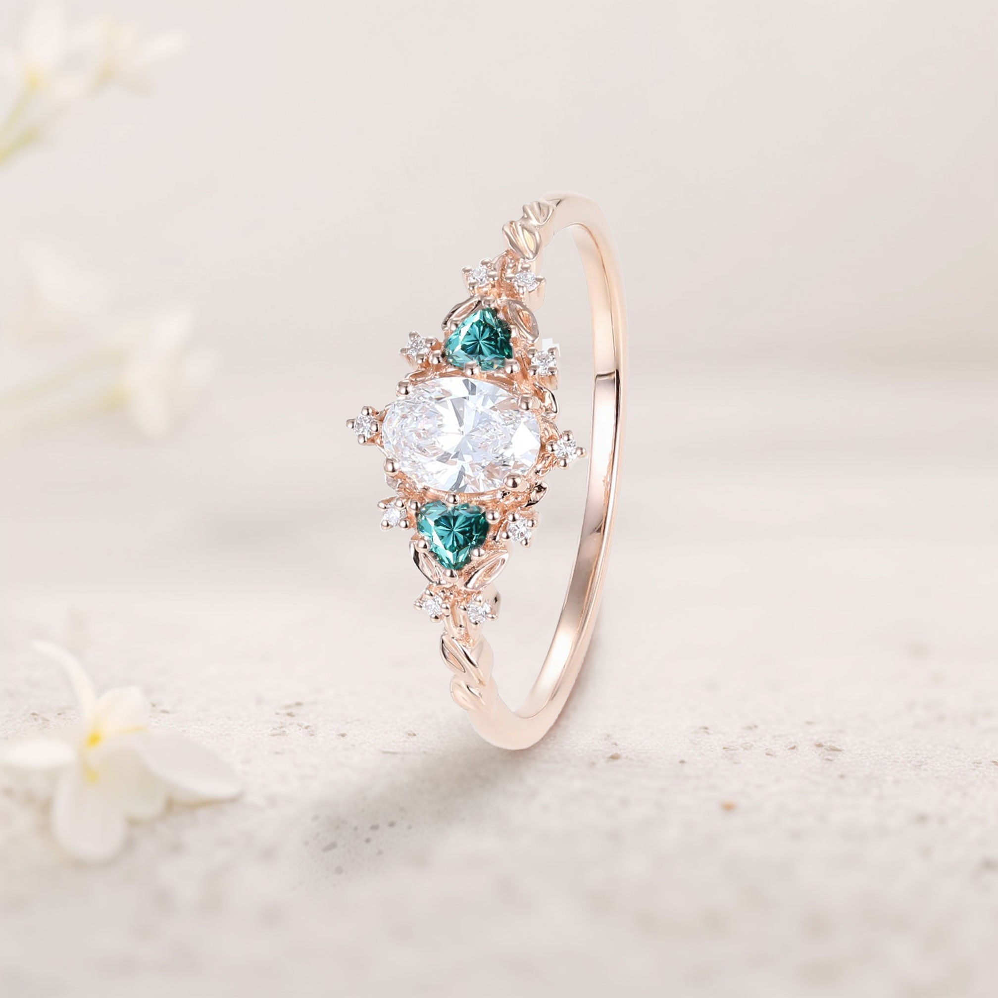 Classic Briar Rose Oval Moissanite and teal Moissanite Olive Leaves 18K Rose Gold Engagement Ring