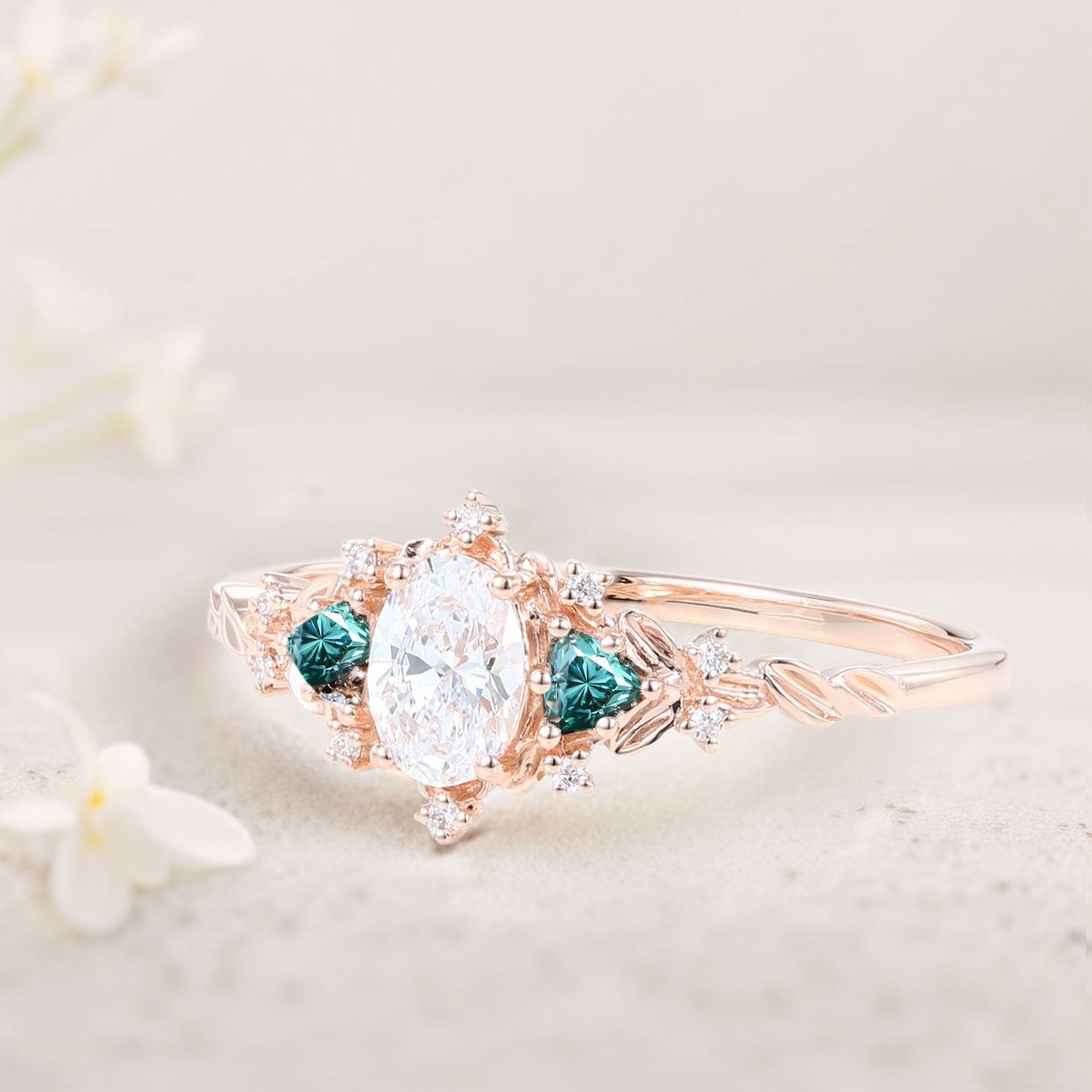 Classic Briar Rose Oval Moissanite and teal Moissanite Olive Leaves 18K Rose Gold Engagement Ring