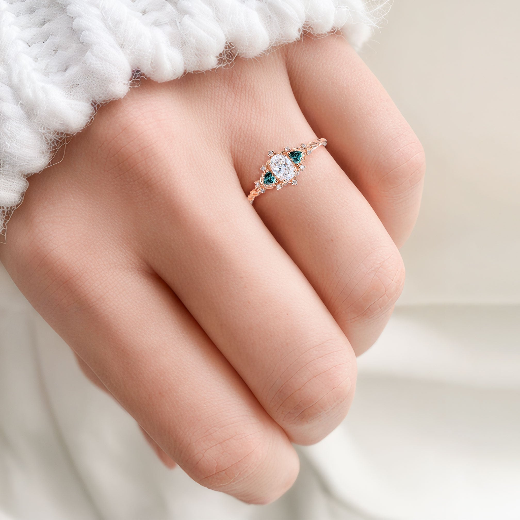Classic Briar Rose Oval Moissanite and teal Moissanite Olive Leaves 18K Rose Gold Engagement Ring