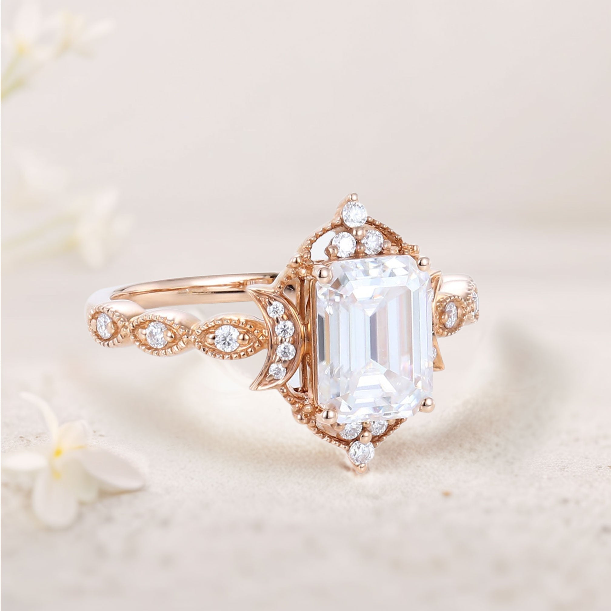Vintage Emerald Moissanite 18K Rose Gold Engagement Ring Whimsical Charm Bridal Ring