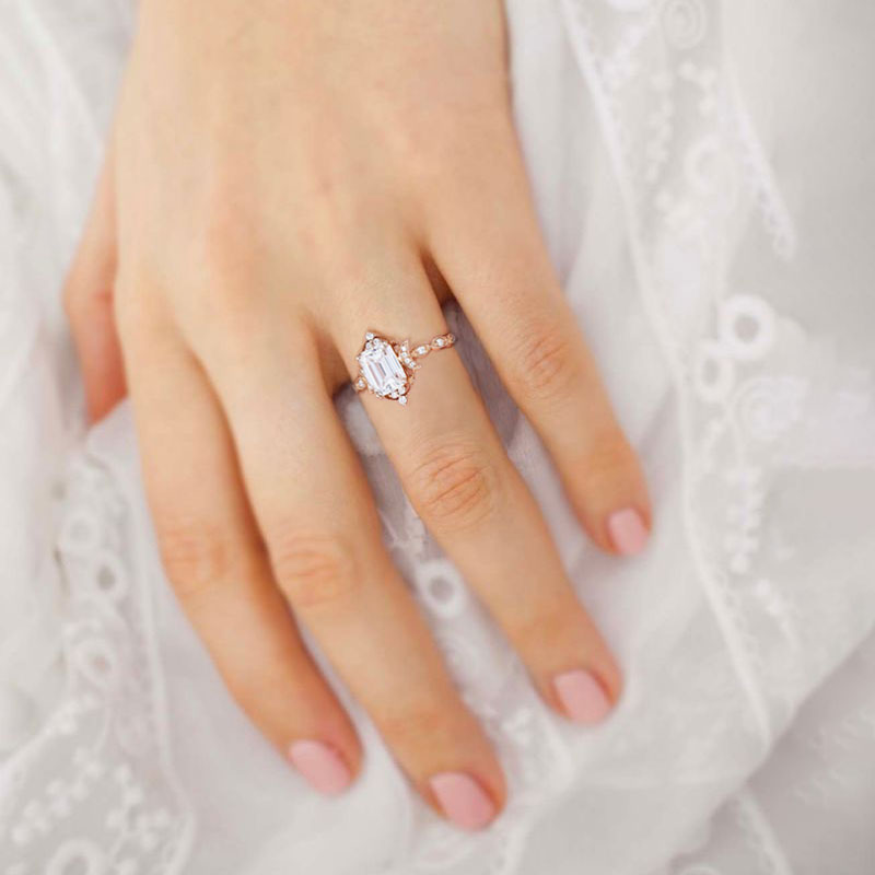 Vintage Emerald Moissanite 18K Rose Gold Engagement Ring Whimsical Charm Bridal Ring