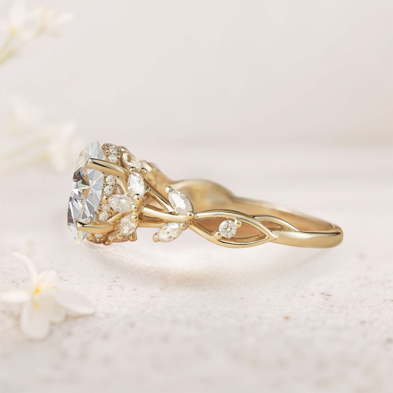 Unique floral engagement rings Oval Moissanite18K Yellow Gold Engagement Ring